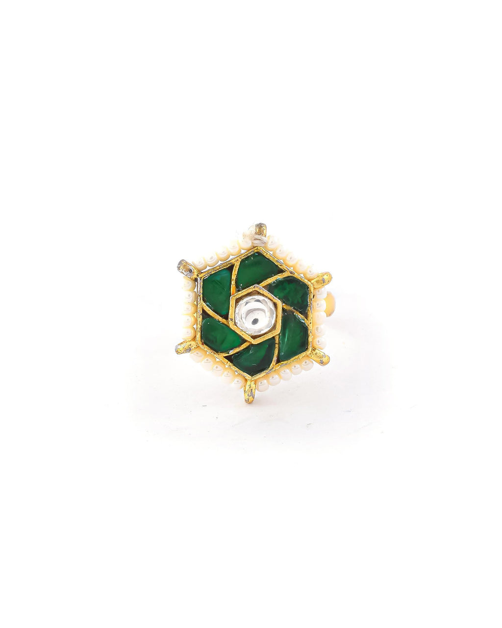 Hexagonal Emerald Kundan Ring | Gold Plated Statement Ring with Pearl Border, Indian Ethnic Jewelry
