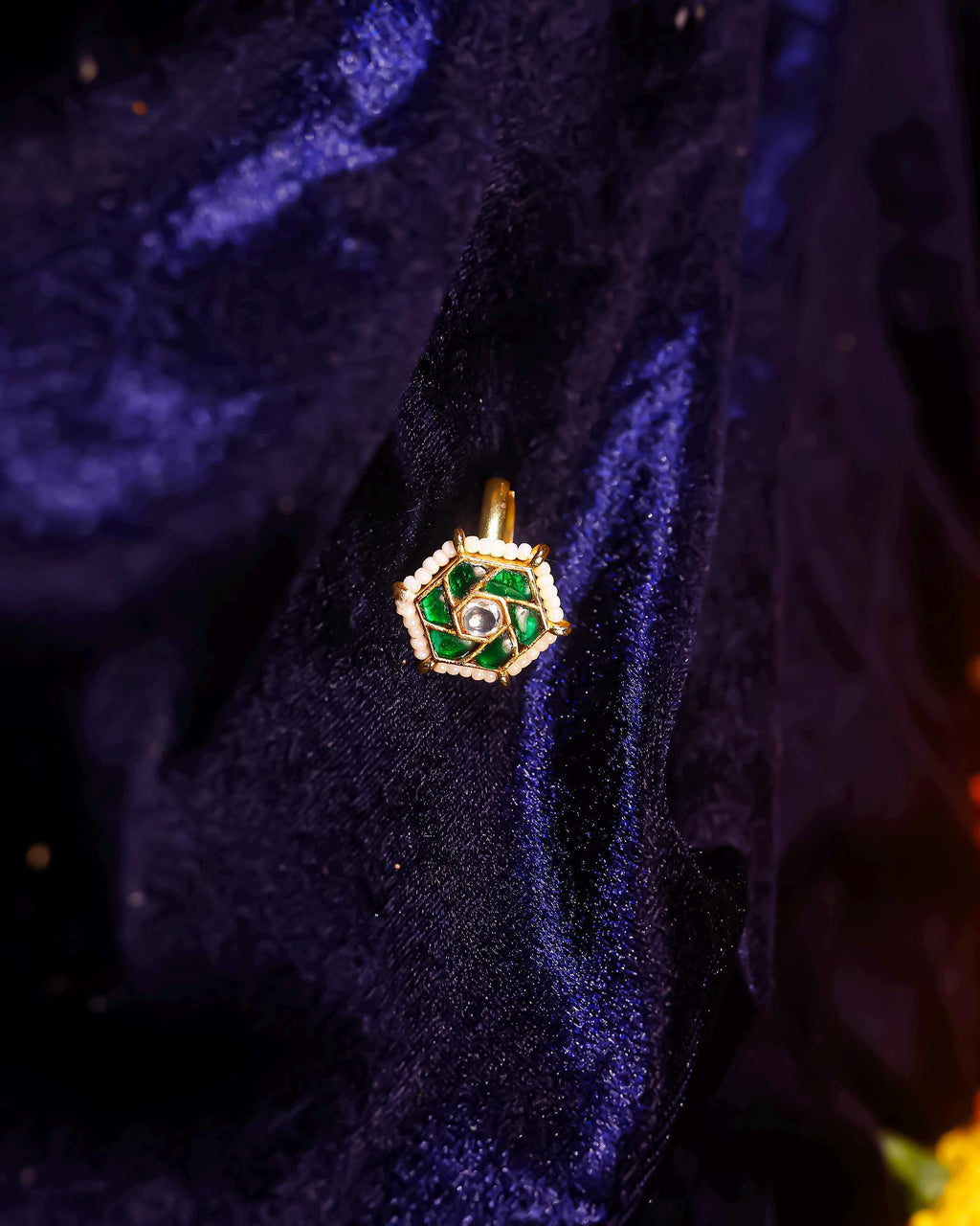 Hexagonal Emerald Kundan Ring | Gold Plated Statement Ring with Pearl Border, Indian Ethnic Jewelry
