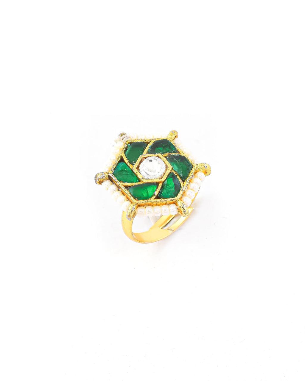 Hexagonal Emerald Kundan Ring | Gold Plated Statement Ring with Pearl Border, Indian Ethnic Jewelry