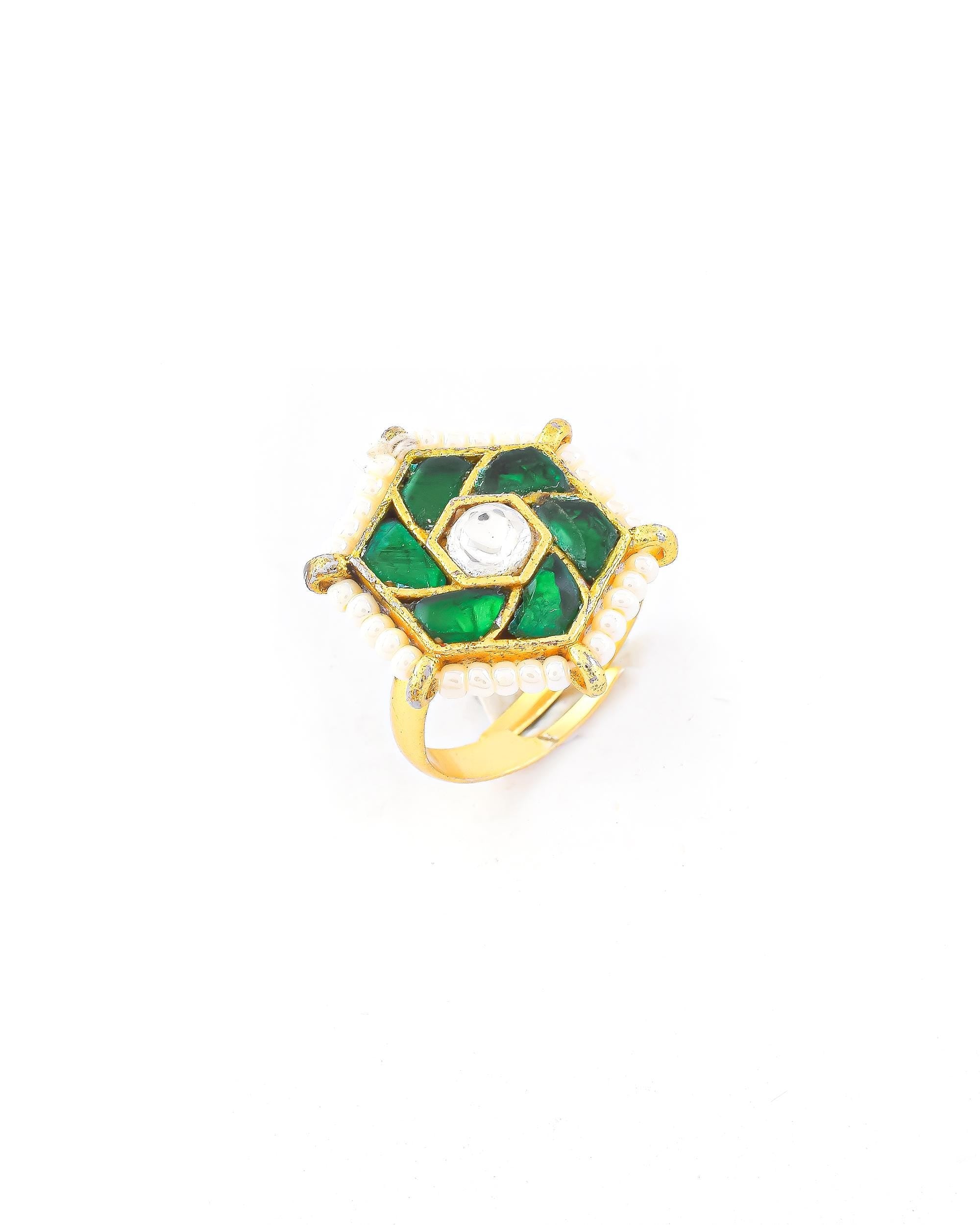 Hexagonal Emerald Kundan Ring | Gold Plated Statement Ring with Pearl Border, Indian Ethnic Jewelry