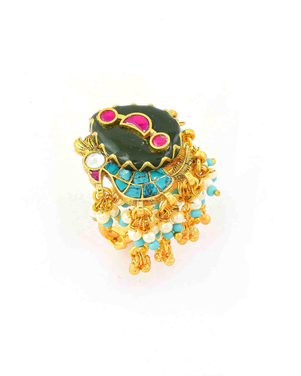 Chandbali Kundan Ring with Pearl Border | Antique Gold Jaipur Statement Ring