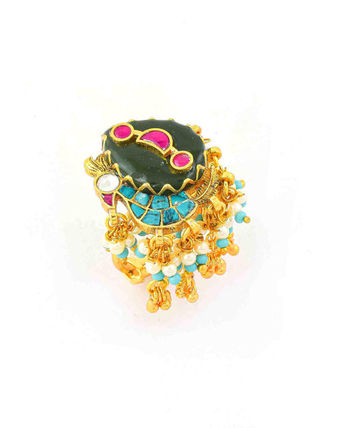 Anillo Chandbali Kundan con borde de perlas | Anillo llamativo Jaipur dorado envejecido