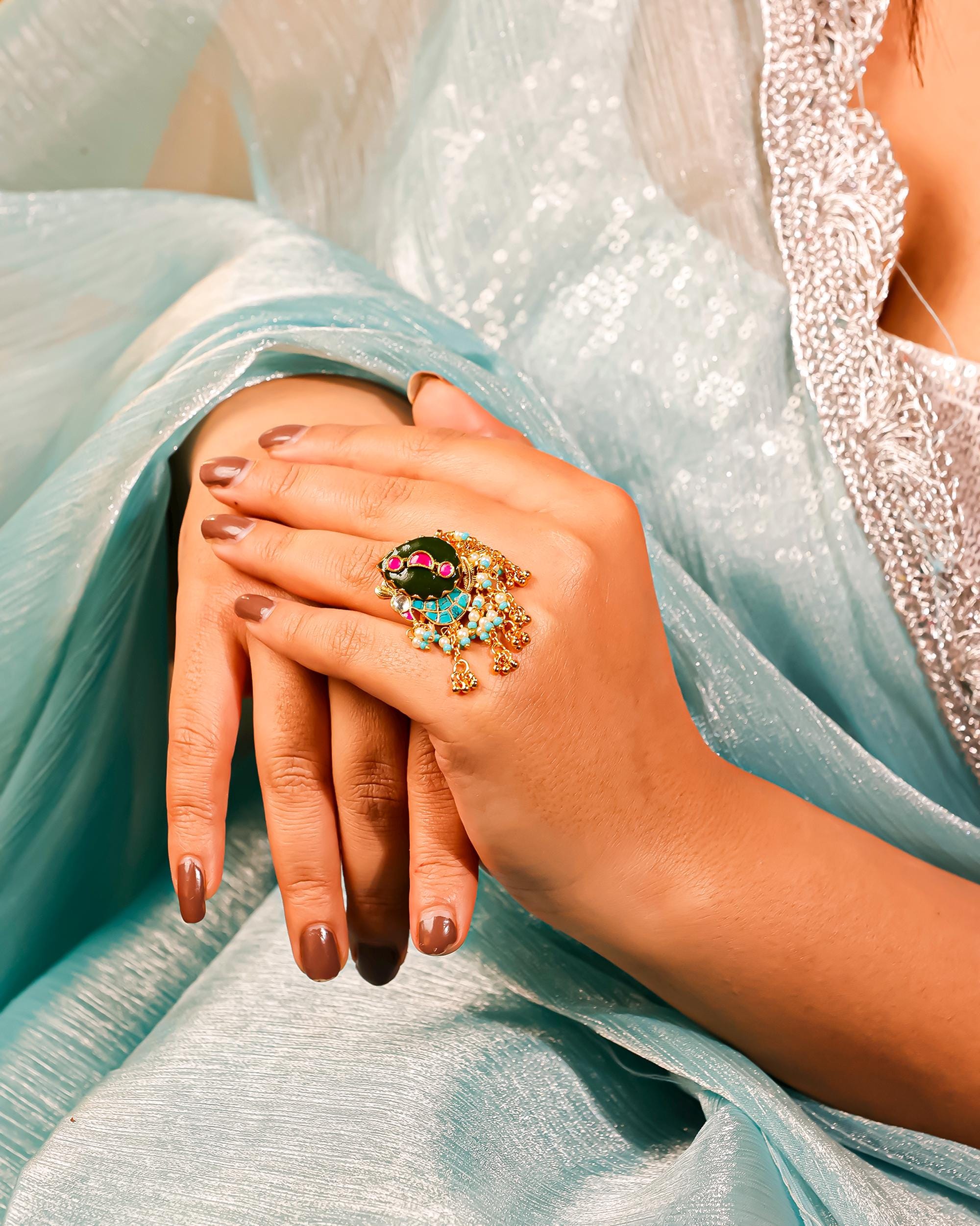Chandbali Kundan Ring with Pearl Border | Antique Gold Jaipur Statement Ring