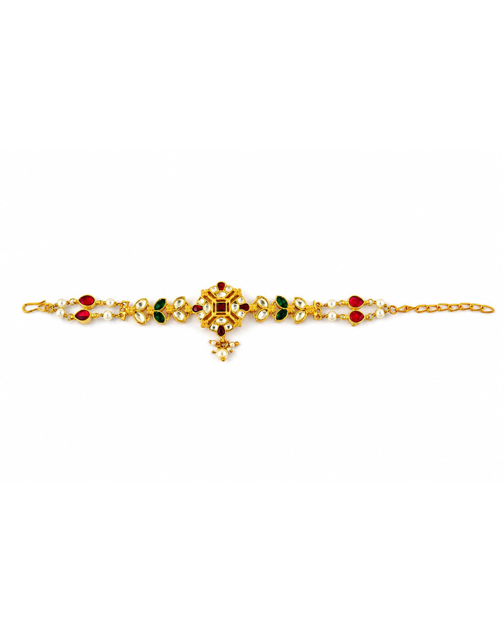Royal Red Green Kundan Sheeshpatti | Antique Gold Bridal Matha Patti Head Jewelry