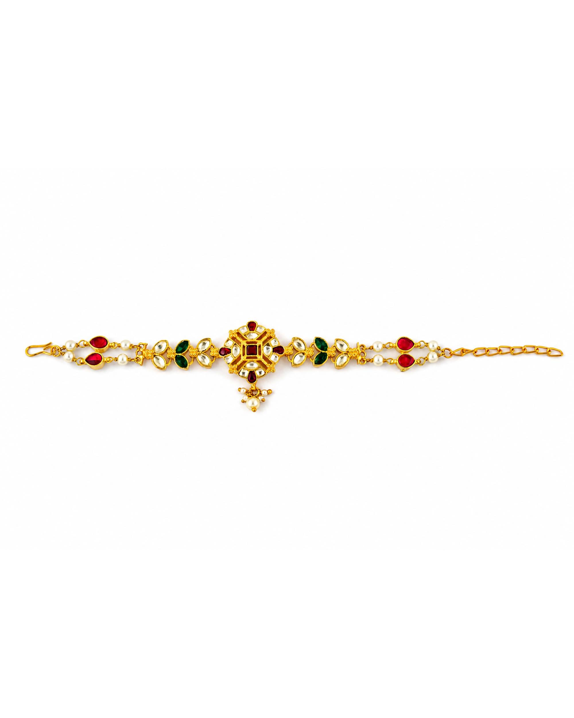 Royal Red Green Kundan Sheeshpatti | Antique Gold Bridal Matha Patti Head Jewelry