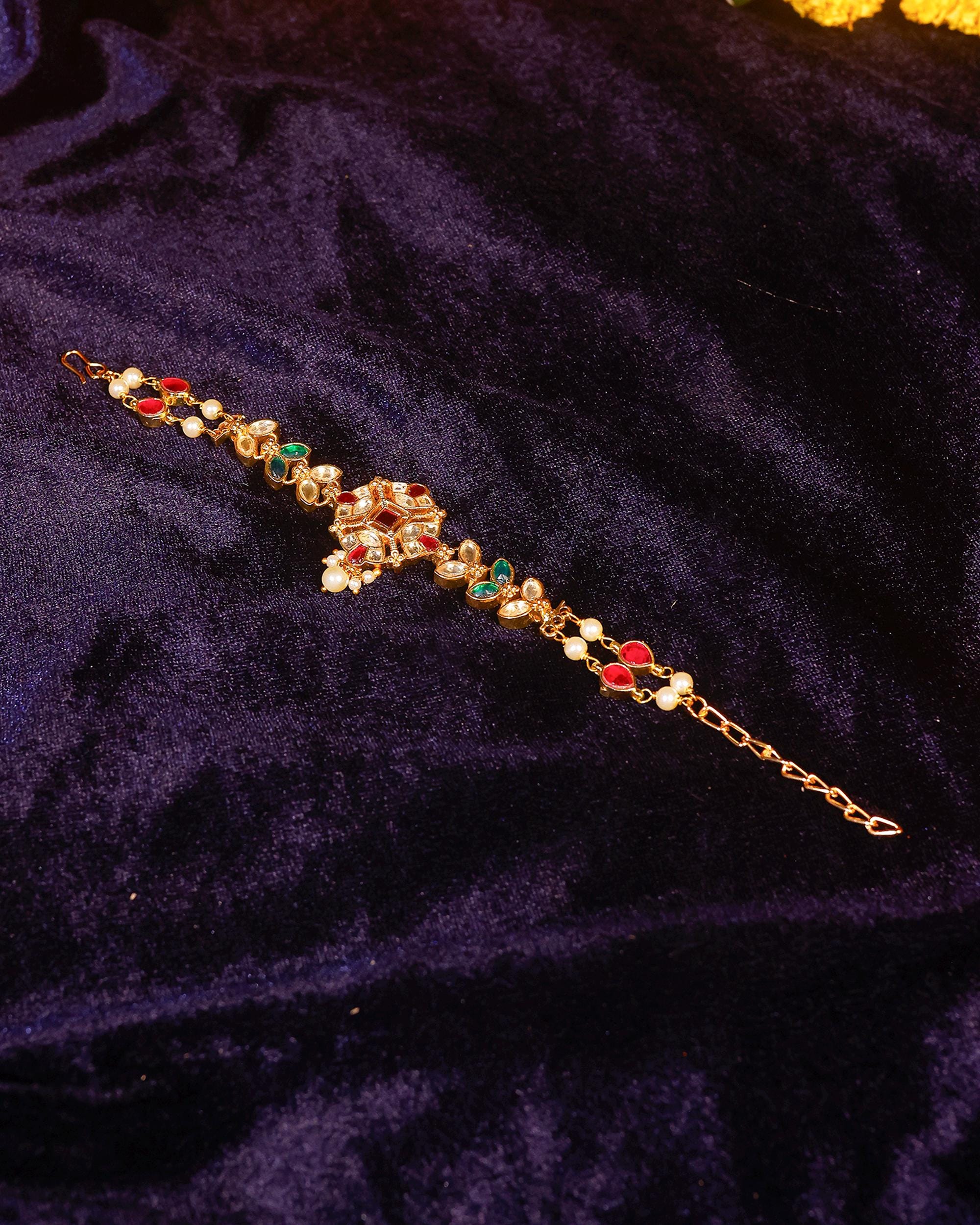 Royal Red Green Kundan Sheeshpatti | Antique Gold Bridal Matha Patti Head Jewelry