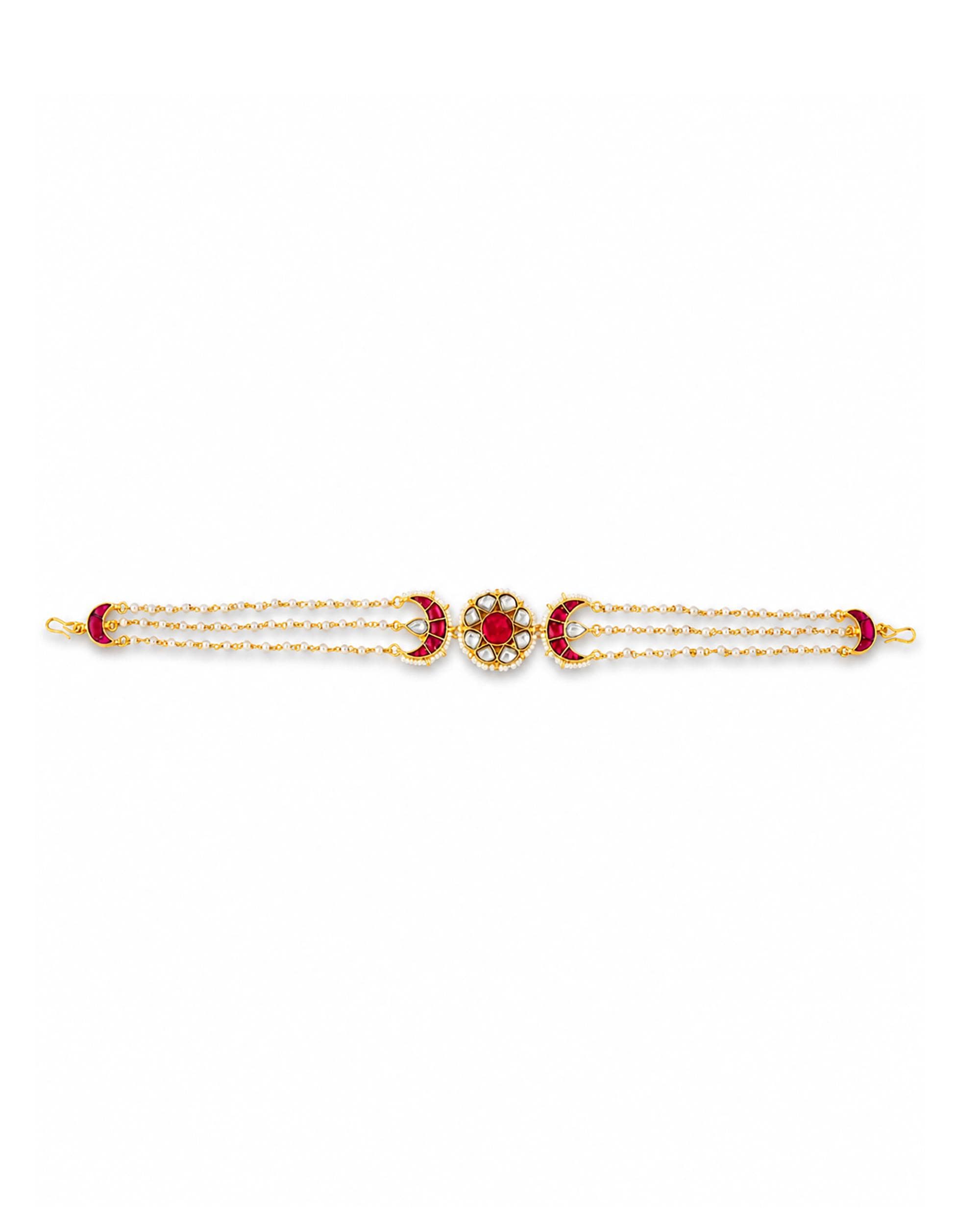 Celestial Kundan Pearl Sheeshpatti | Red Stone Bridal Matha Patti | Traditional Indian Wedding Hair Jewelry