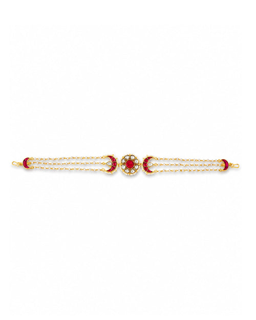Sheeshpatti Celestial Kundan con Perlas | Matha Patti de Novia con Piedra Roja | Joyería Tradicional India para el Cabello de Novia