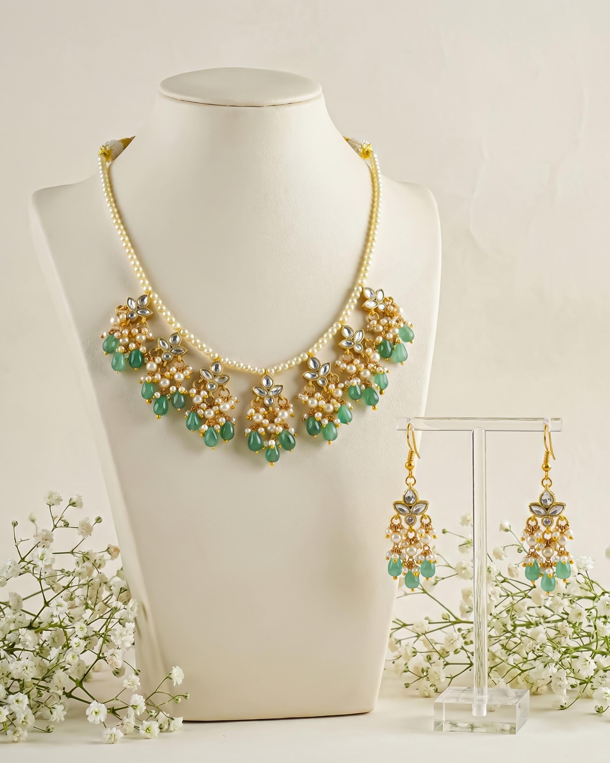Mint Green Kundan Pearl Necklace Set with Chandbali Earrings | Traditional Indian Bridal Jewelry