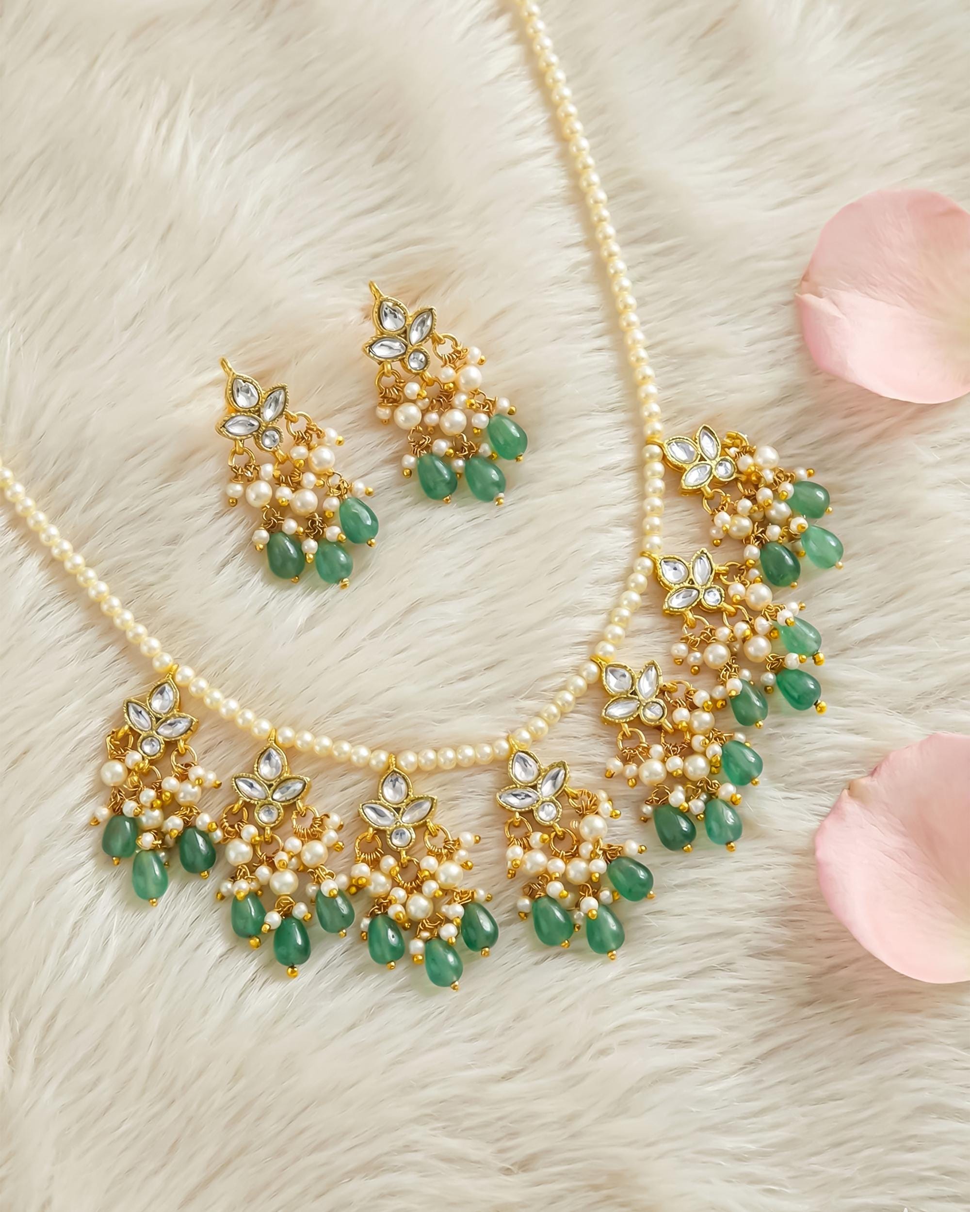 Mint Green Kundan Pearl Necklace Set with Chandbali Earrings | Traditional Indian Bridal Jewelry