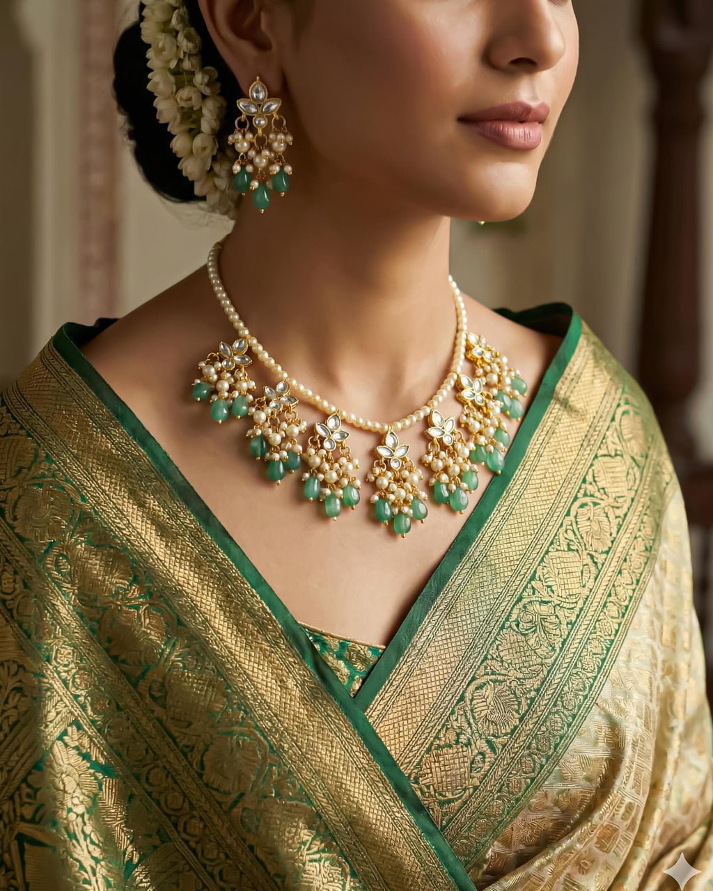 Mint Green Kundan Pearl Necklace Set with Chandbali Earrings | Traditional Indian Bridal Jewelry