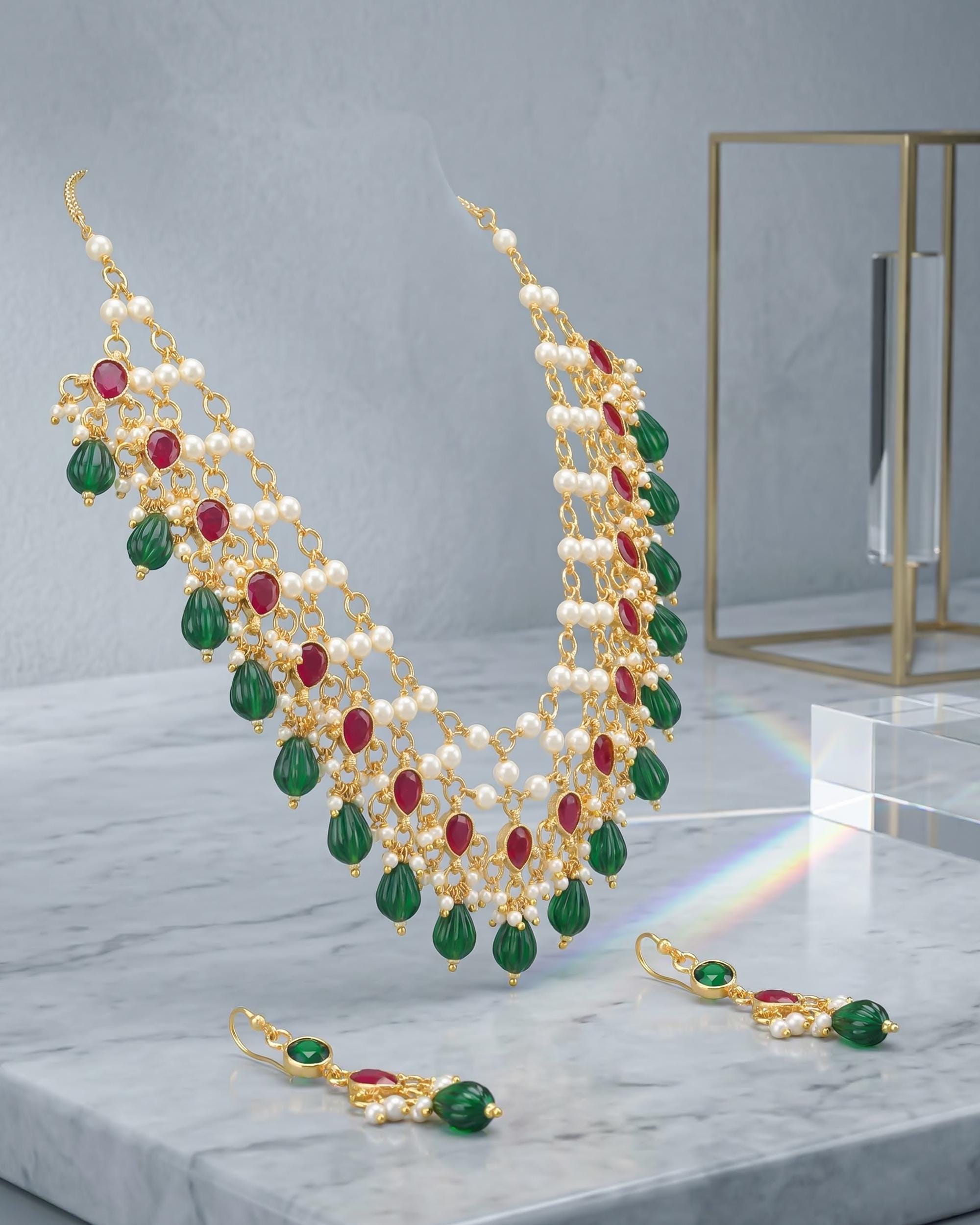 Layered Pearl Necklace Set with Red Green Kundan Bridal Jewelry