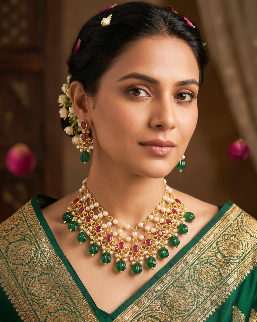 Layered Pearl Necklace Set with Red Green Kundan Bridal Jewelry
