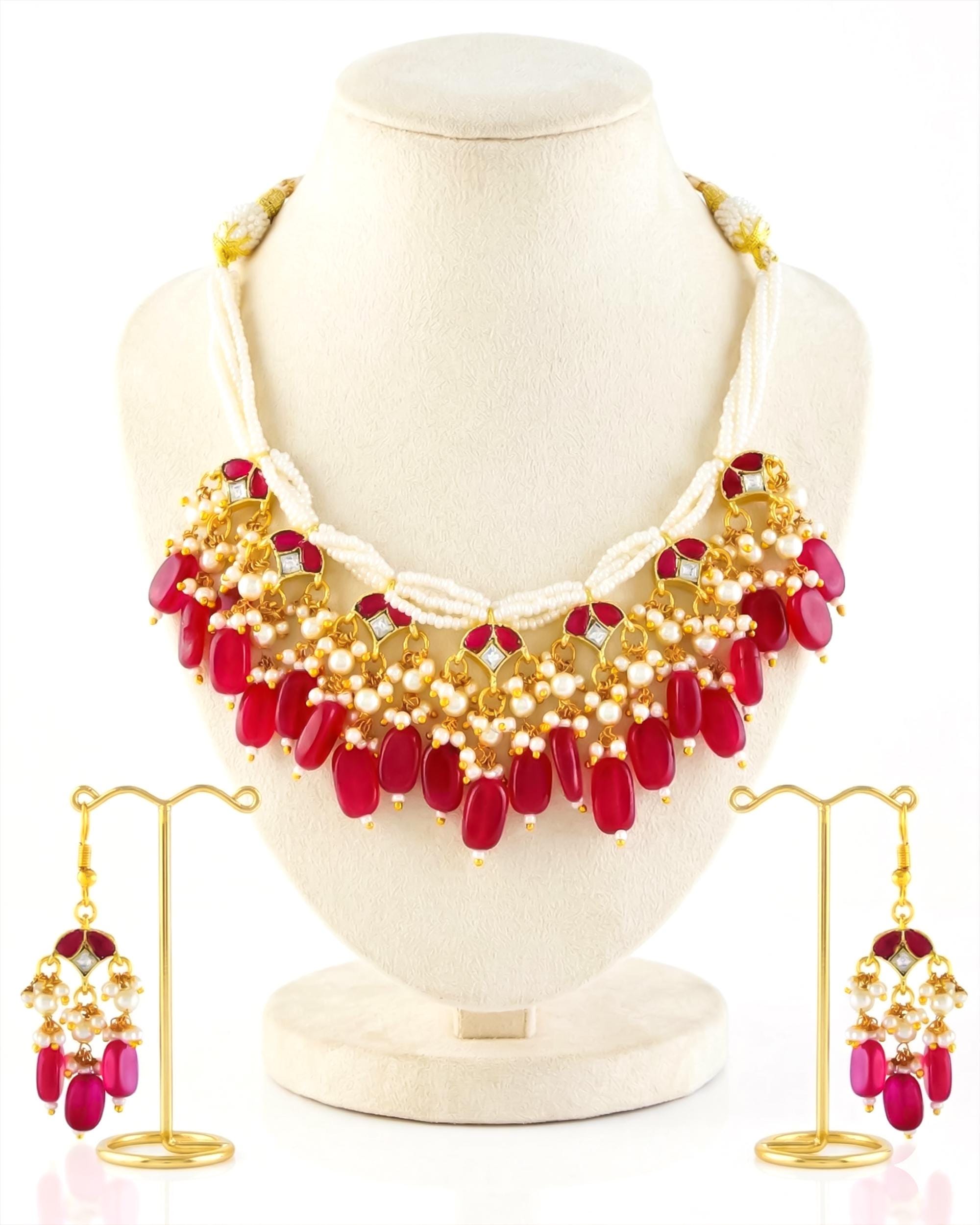 Red Pearl Kundan Necklace Set | Multi Strand Indian Bridal Jewelry