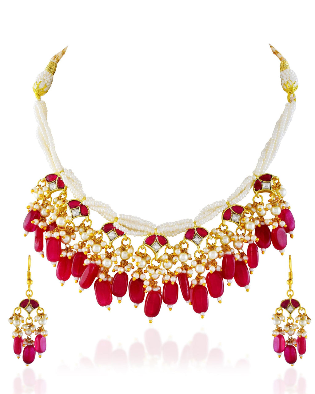 Red Pearl Kundan Necklace Set | Multi Strand Indian Bridal Jewelry
