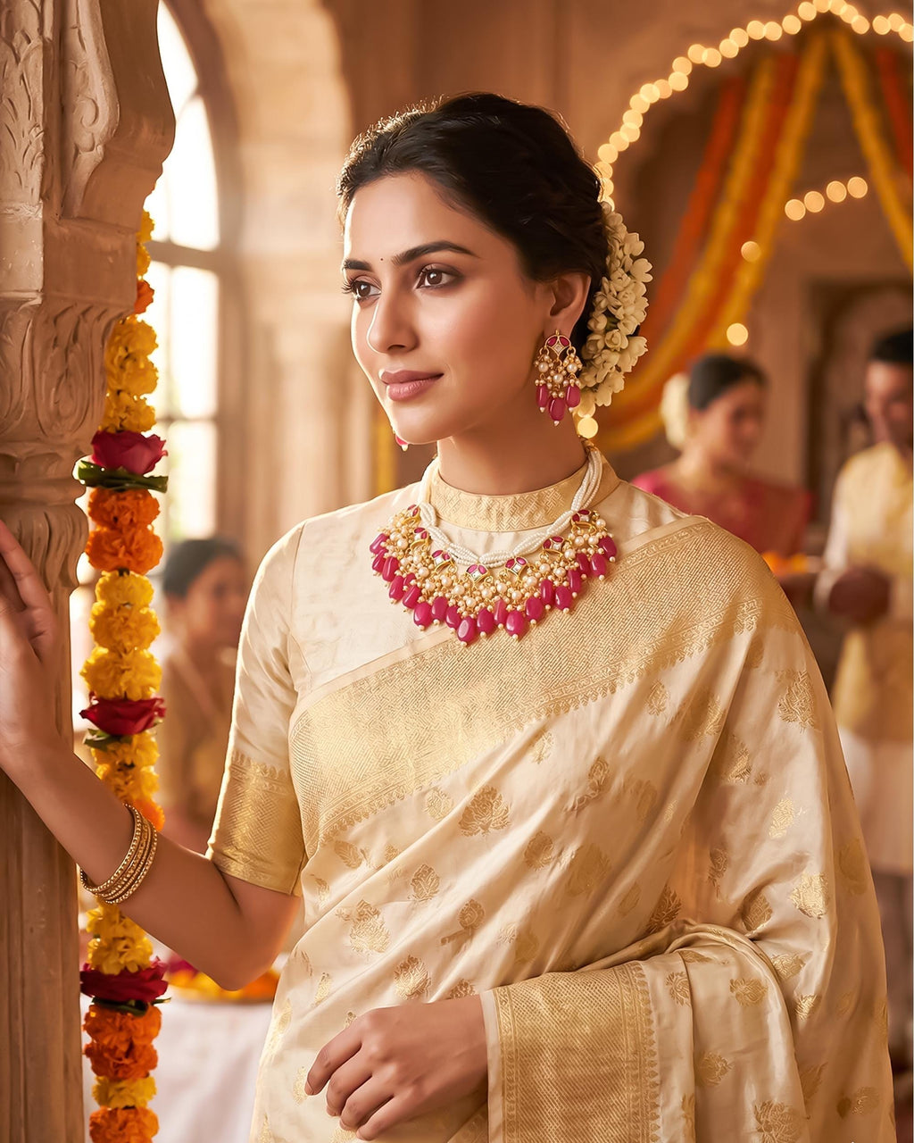 Red Pearl Kundan Necklace Set | Multi Strand Indian Bridal Jewelry