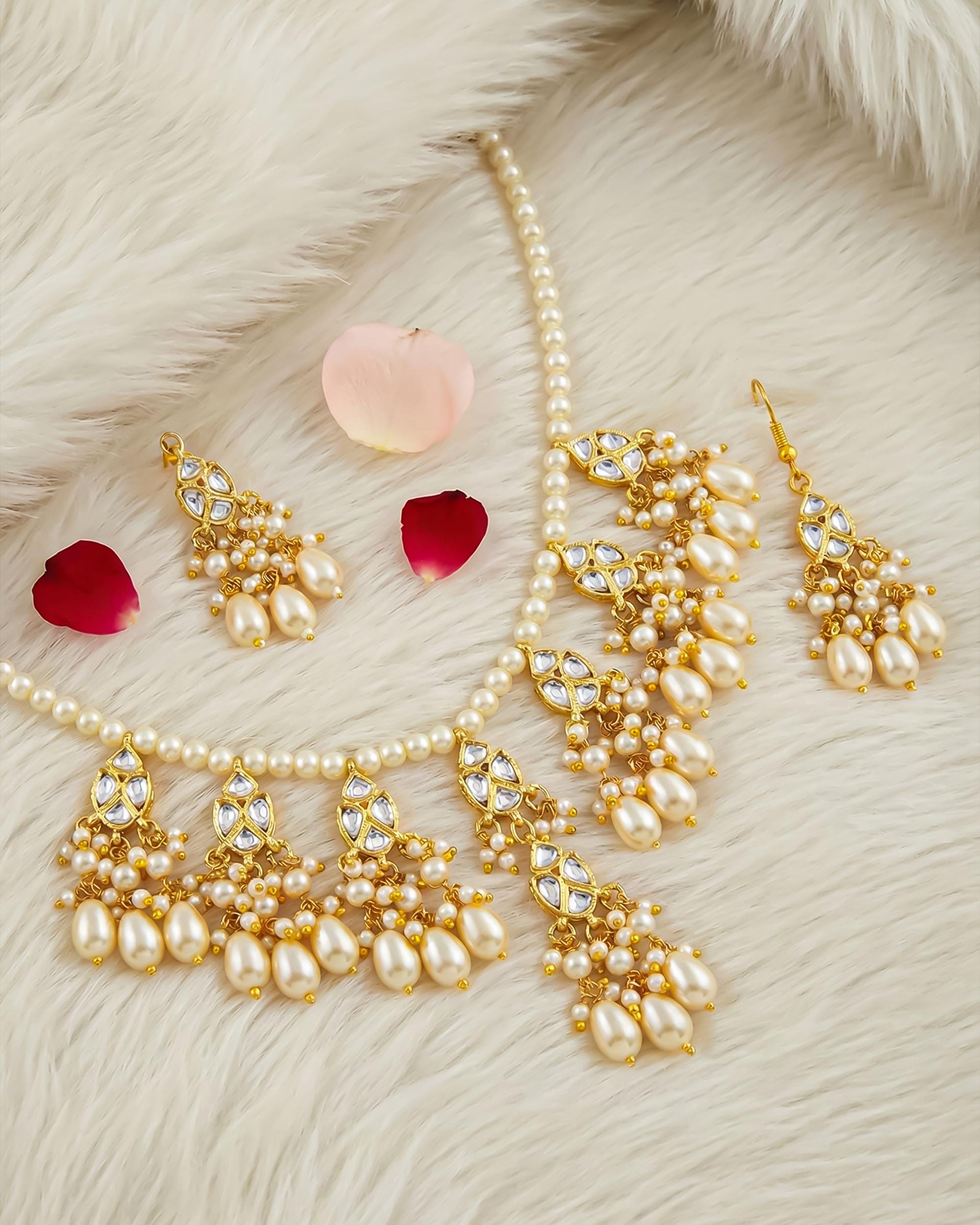 Pearl Kundan Necklace Earrings Set | Traditional Indian Bridal Jewelry