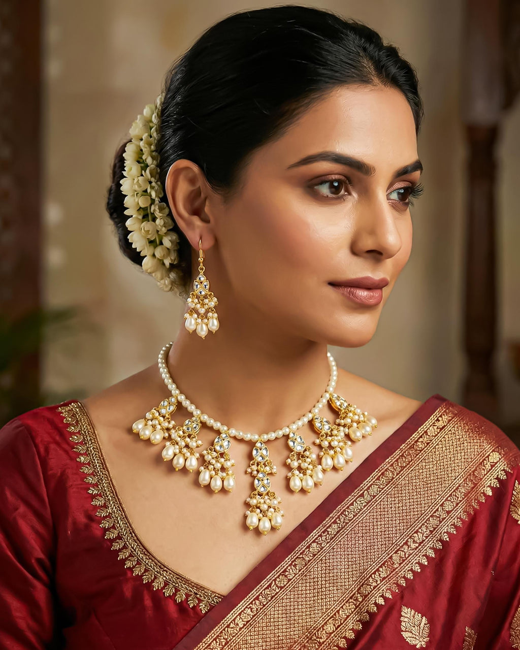 Pearl Kundan Necklace Earrings Set | Traditional Indian Bridal Jewelry