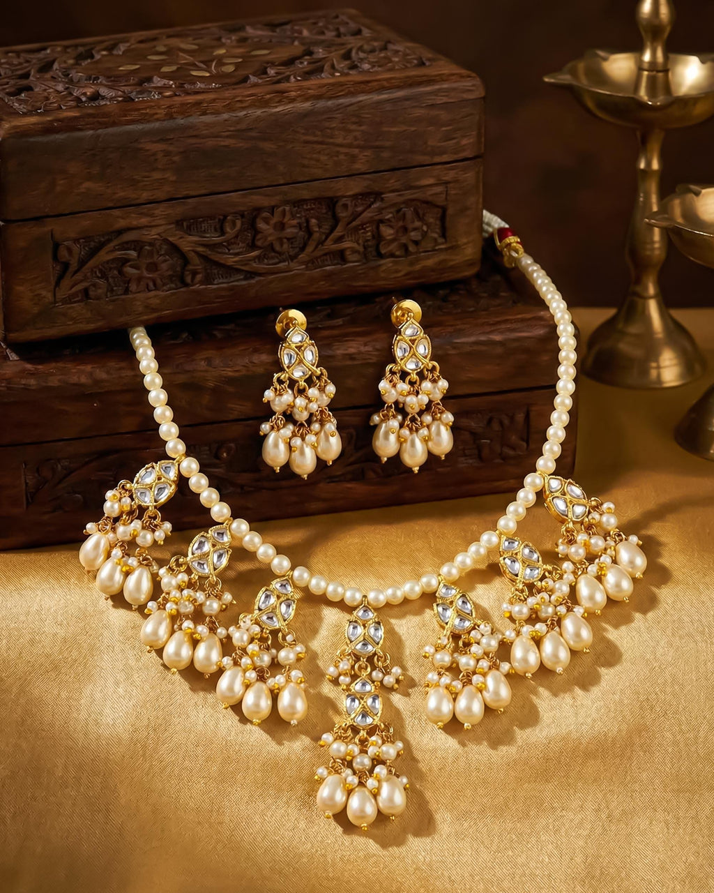 Pearl Kundan Necklace Earrings Set | Traditional Indian Bridal Jewelry