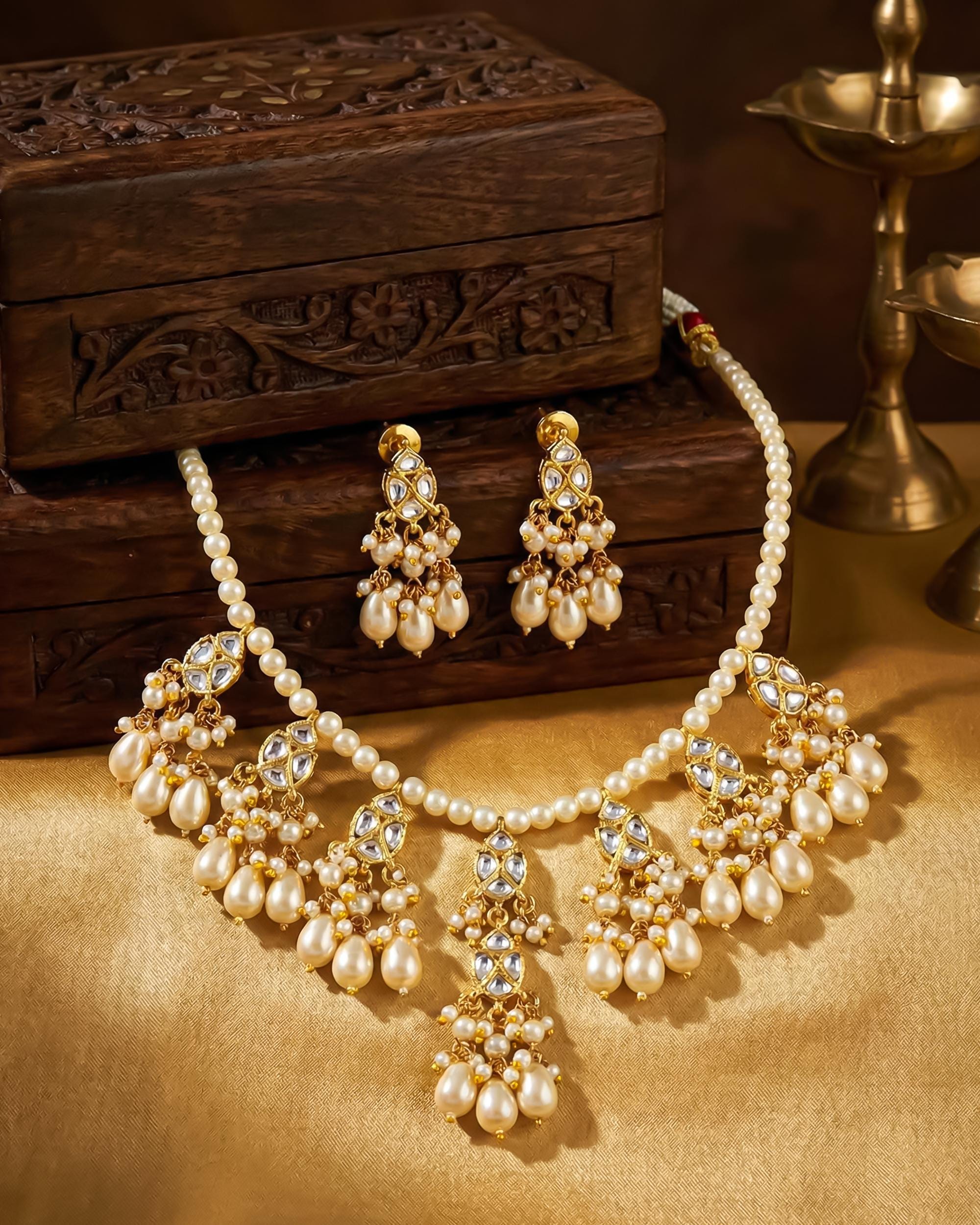 Pearl Kundan Necklace Earrings Set | Traditional Indian Bridal Jewelry