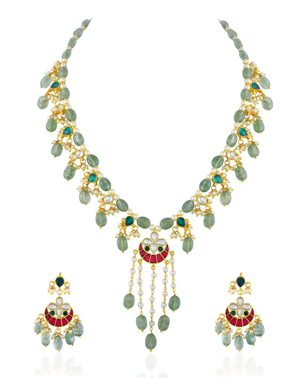 Green Beaded Kundan Necklace Set with Chandbali Earrings | Traditional Indian Bridal Jewelry