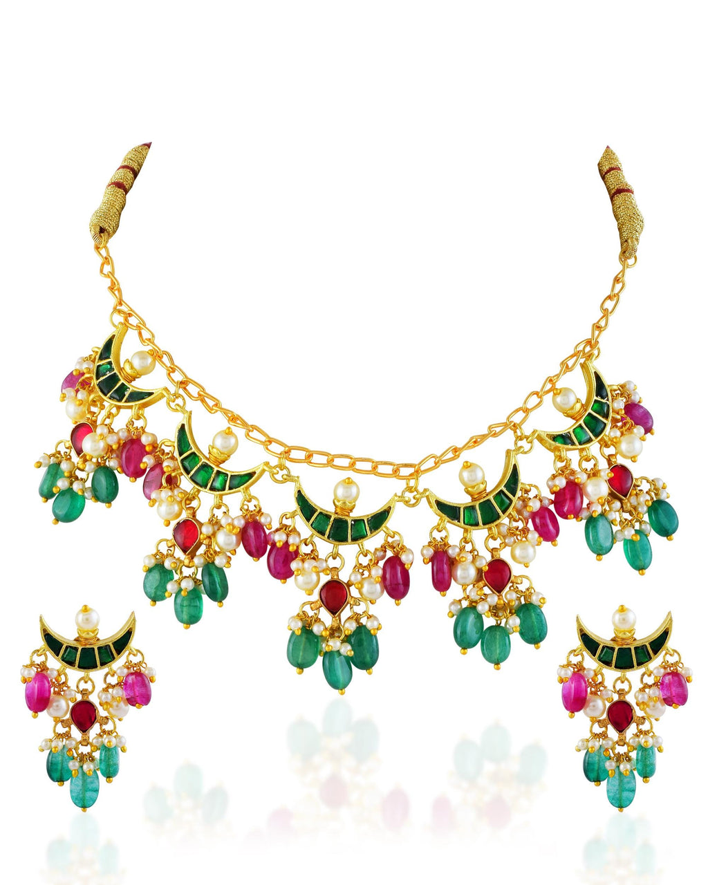 Chandbali Kundan Necklace Set | Red Green Traditional Indian Bridal Jewelry