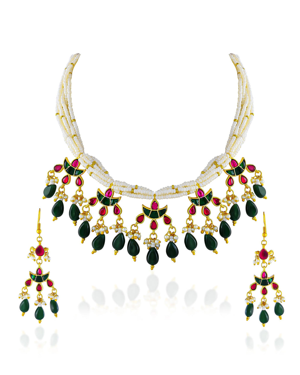 Multi Layer Pearl Kundan Necklace Set | Red Green Indian Bridal Jewelry