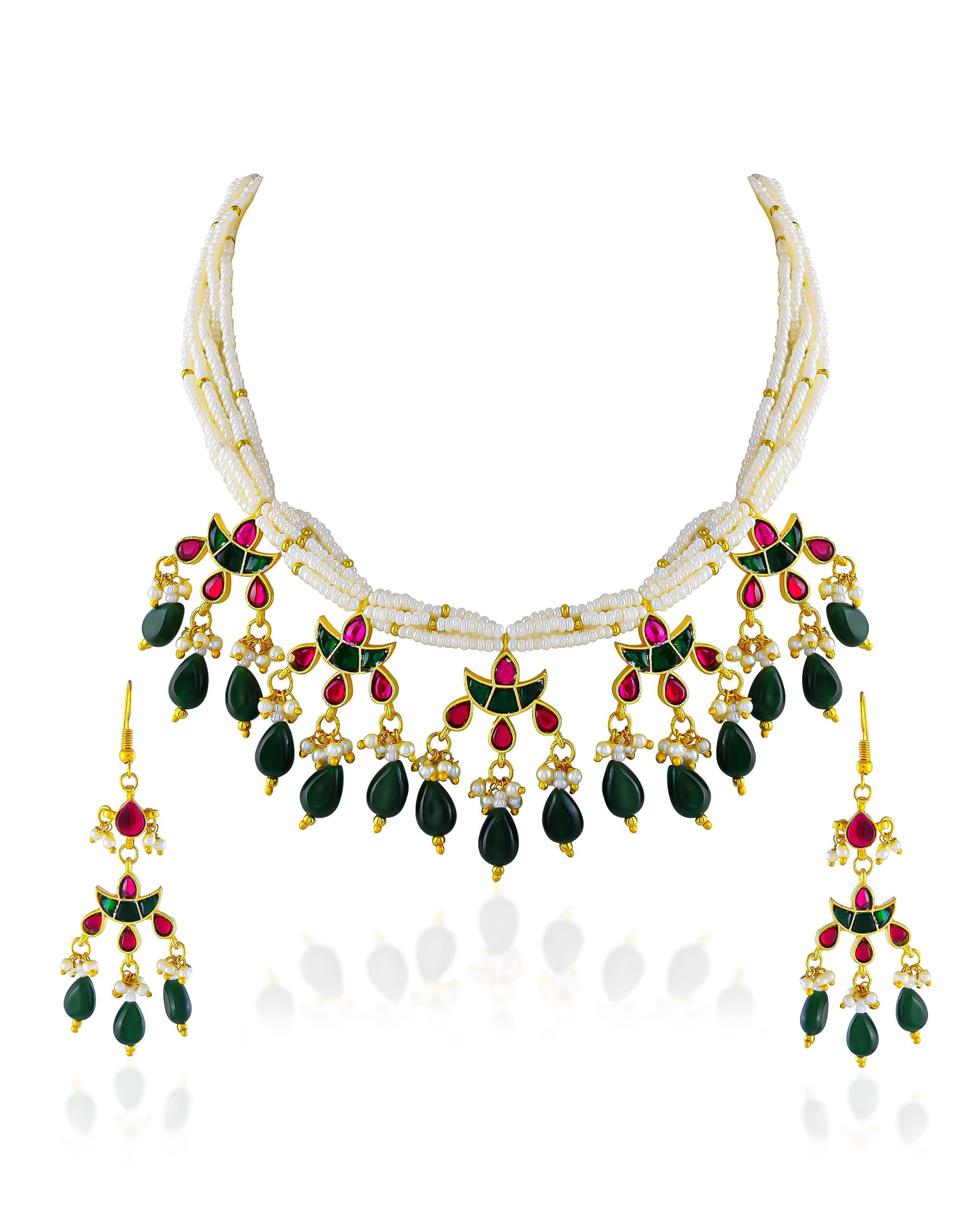 Multi Layer Pearl Kundan Necklace Set | Red Green Indian Bridal Jewelry