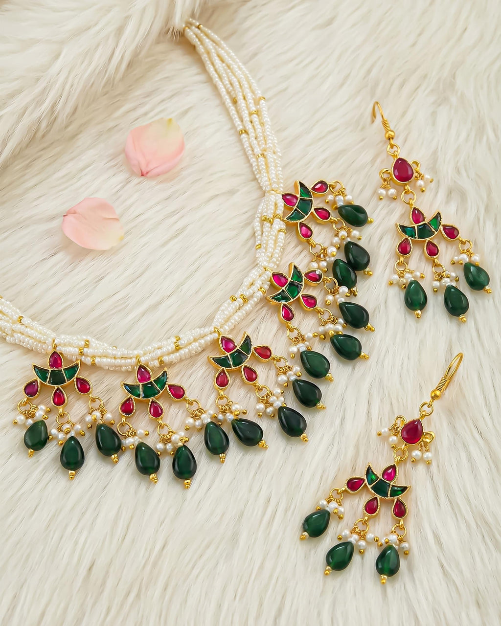 Multi Layer Pearl Kundan Necklace Set | Red Green Indian Bridal Jewelry