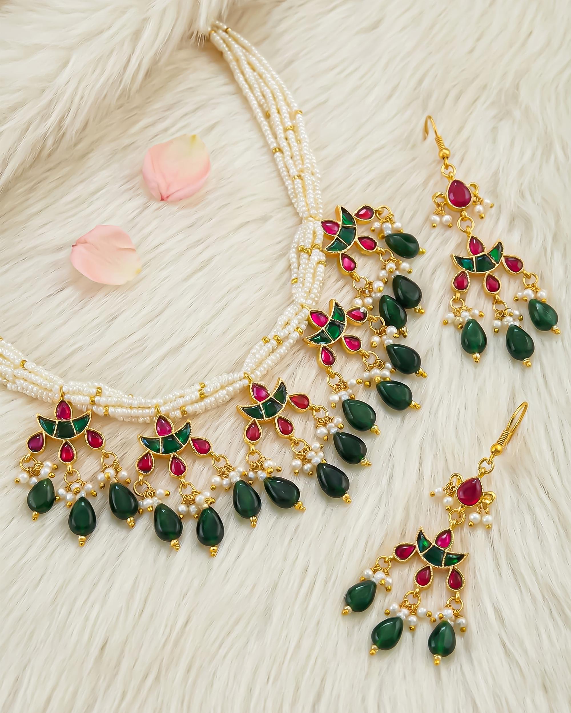 Multi Layer Pearl Kundan Necklace Set | Red Green Indian Bridal Jewelry