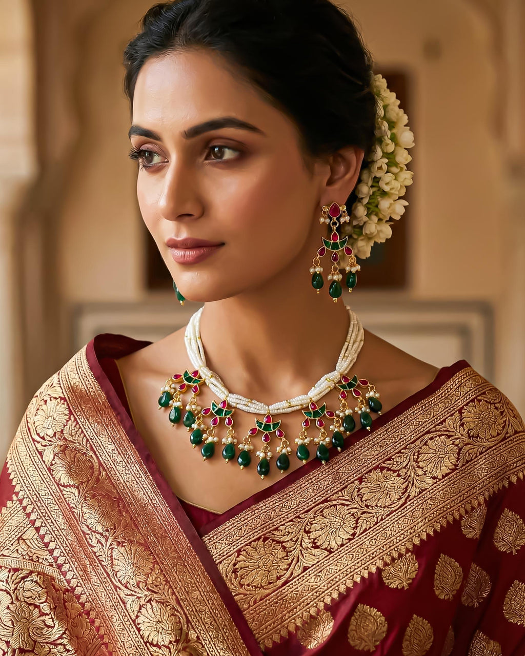 Multi Layer Pearl Kundan Necklace Set | Red Green Indian Bridal Jewelry
