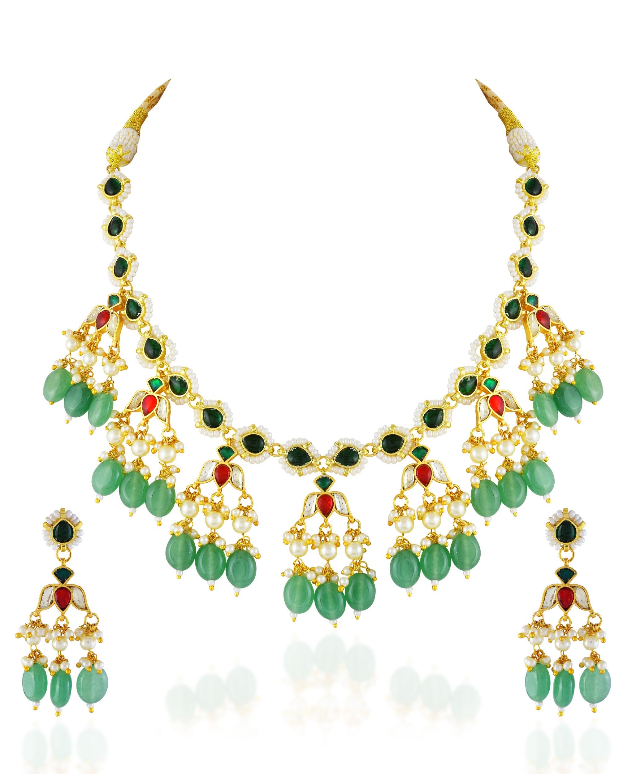 Green Red Kundan Necklace Earrings Set | Traditional Indian Bridal Wedding Jewelry
