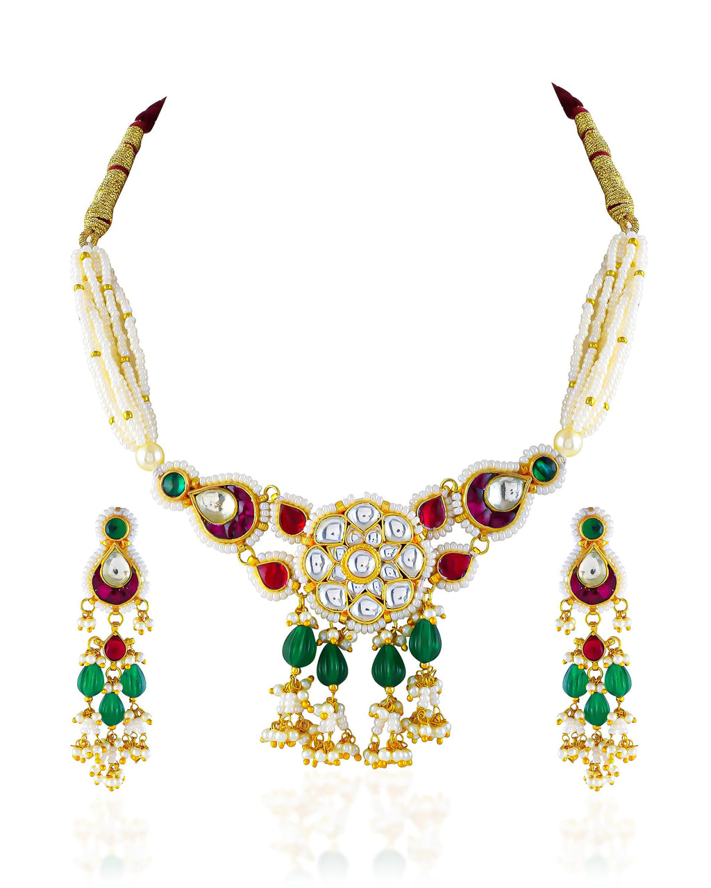 Kundan Pearl Statement Necklace Set with Earrings | Red Green Indian Bridal Wedding Jewelry