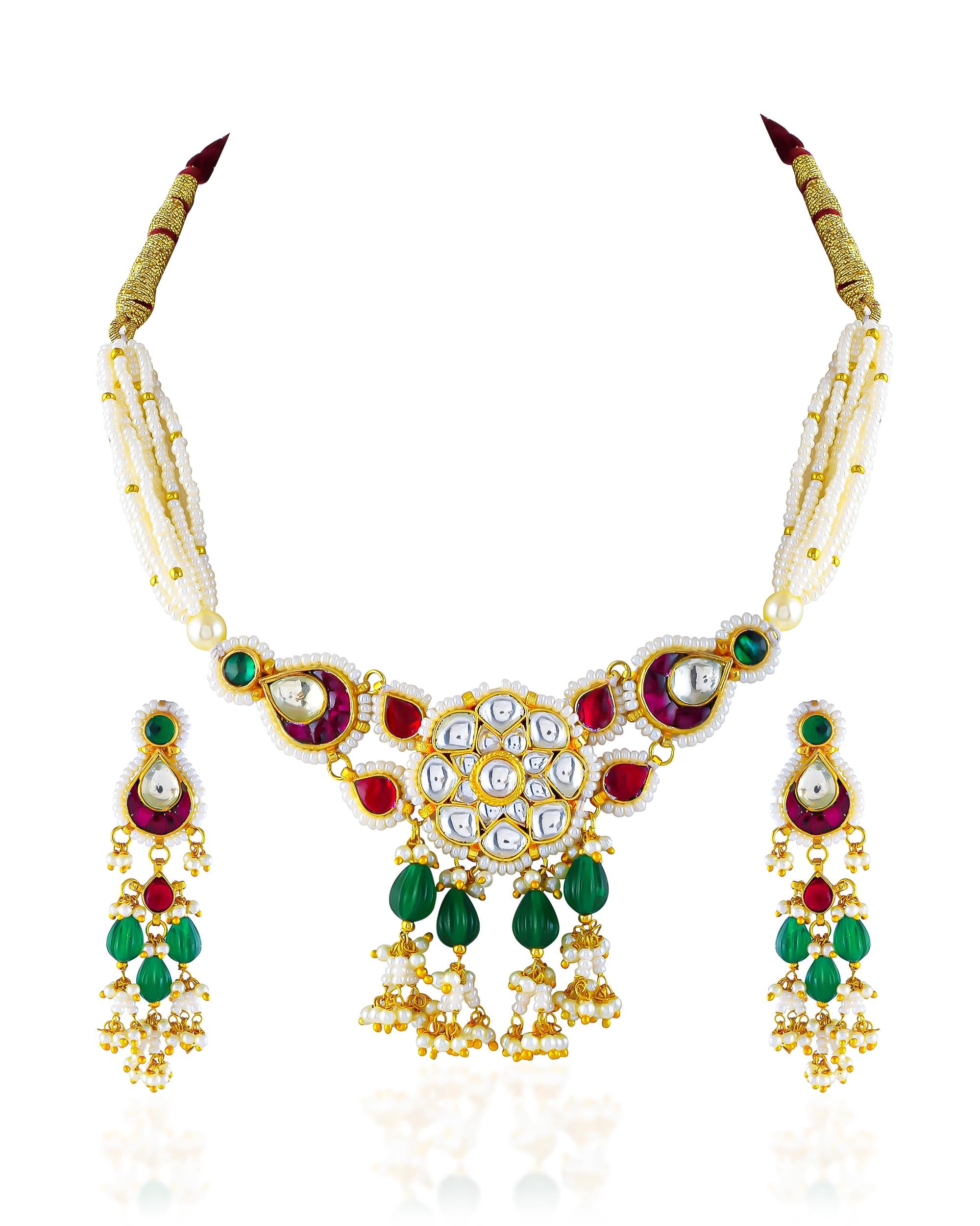 Kundan Pearl Statement Necklace Set with Earrings | Red Green Indian Bridal Wedding Jewelry