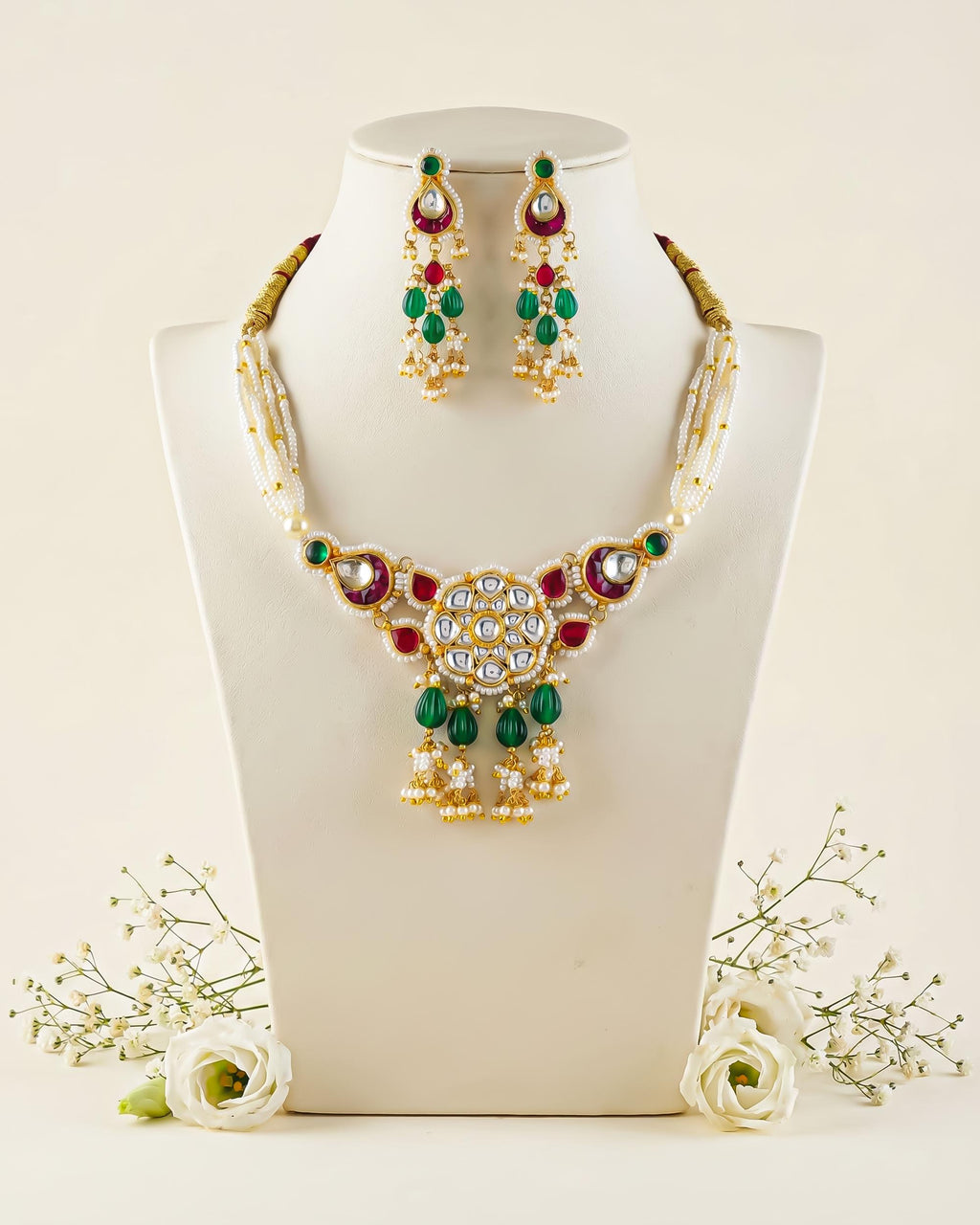 Kundan Pearl Statement Necklace Set with Earrings | Red Green Indian Bridal Wedding Jewelry