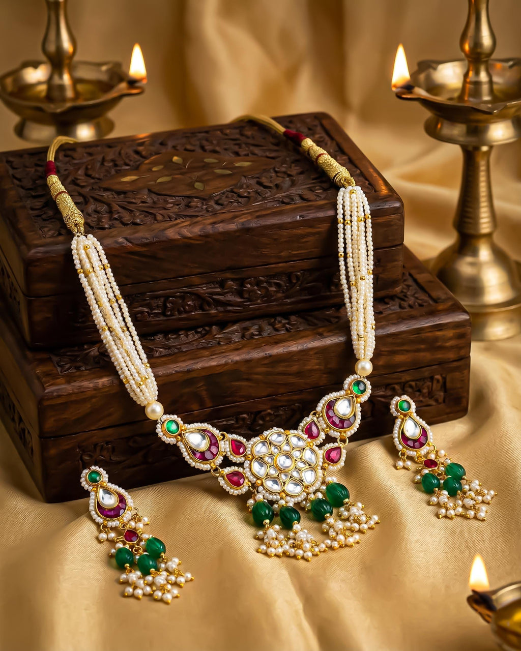 Kundan Pearl Statement Necklace Set with Earrings | Red Green Indian Bridal Wedding Jewelry