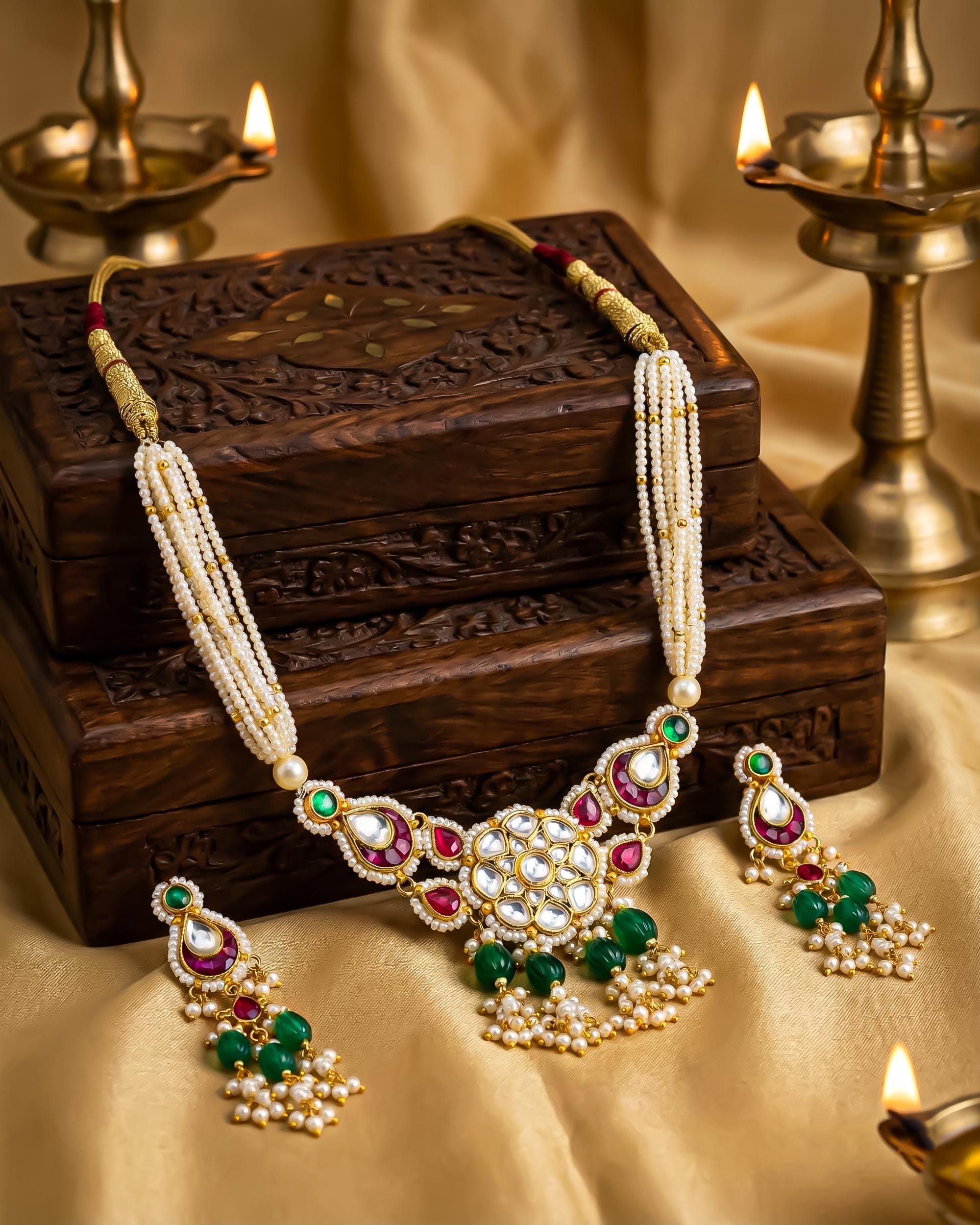Kundan Pearl Statement Necklace Set with Earrings | Red Green Indian Bridal Wedding Jewelry