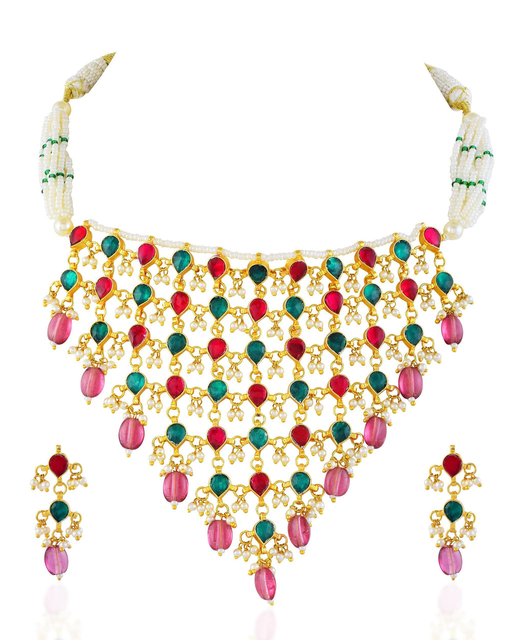 Gold Plated Kundan Choker Set | Red Green Pear Stones, Pearls, Pink Beads, Earrings