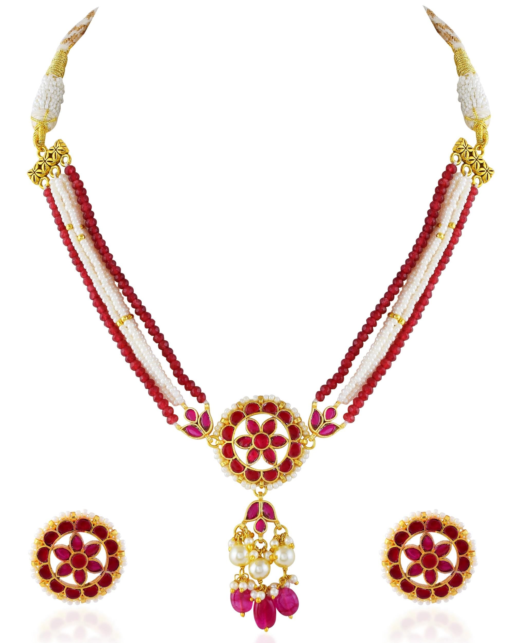 Traditional Kundan Necklace Set with Earrings | Red Stone & Pearl Ethnic Jewelry | Floral Bridal Necklace