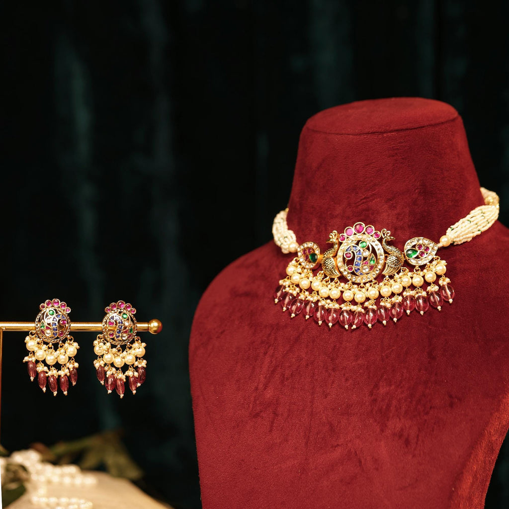 Handcrafted Kundan Peacock Choker Set with Pink Beads & Pearl Mala
