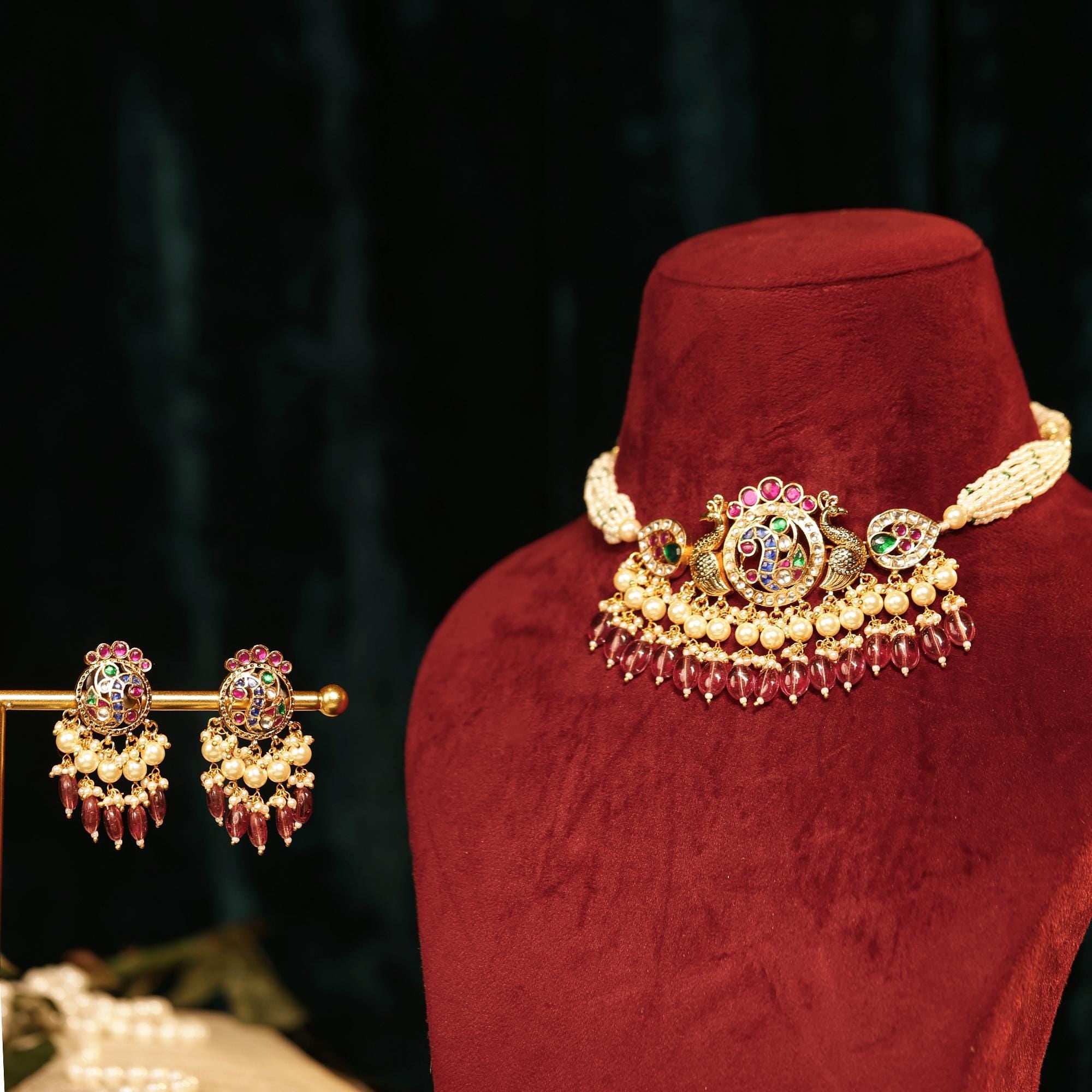 Handcrafted Kundan Peacock Choker Set with Pink Beads & Pearl Mala