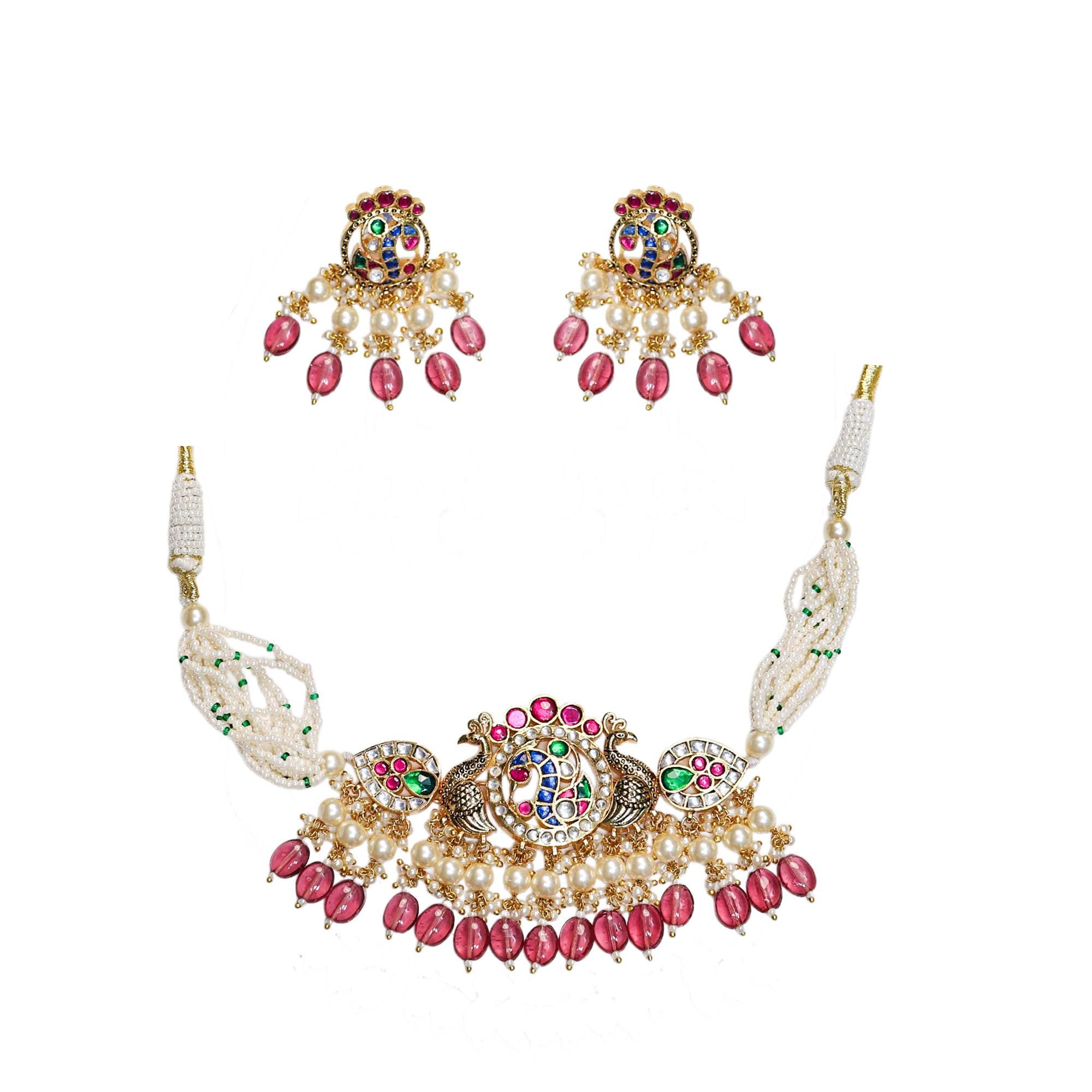 Handcrafted Kundan Peacock Choker Set with Pink Beads & Pearl Mala