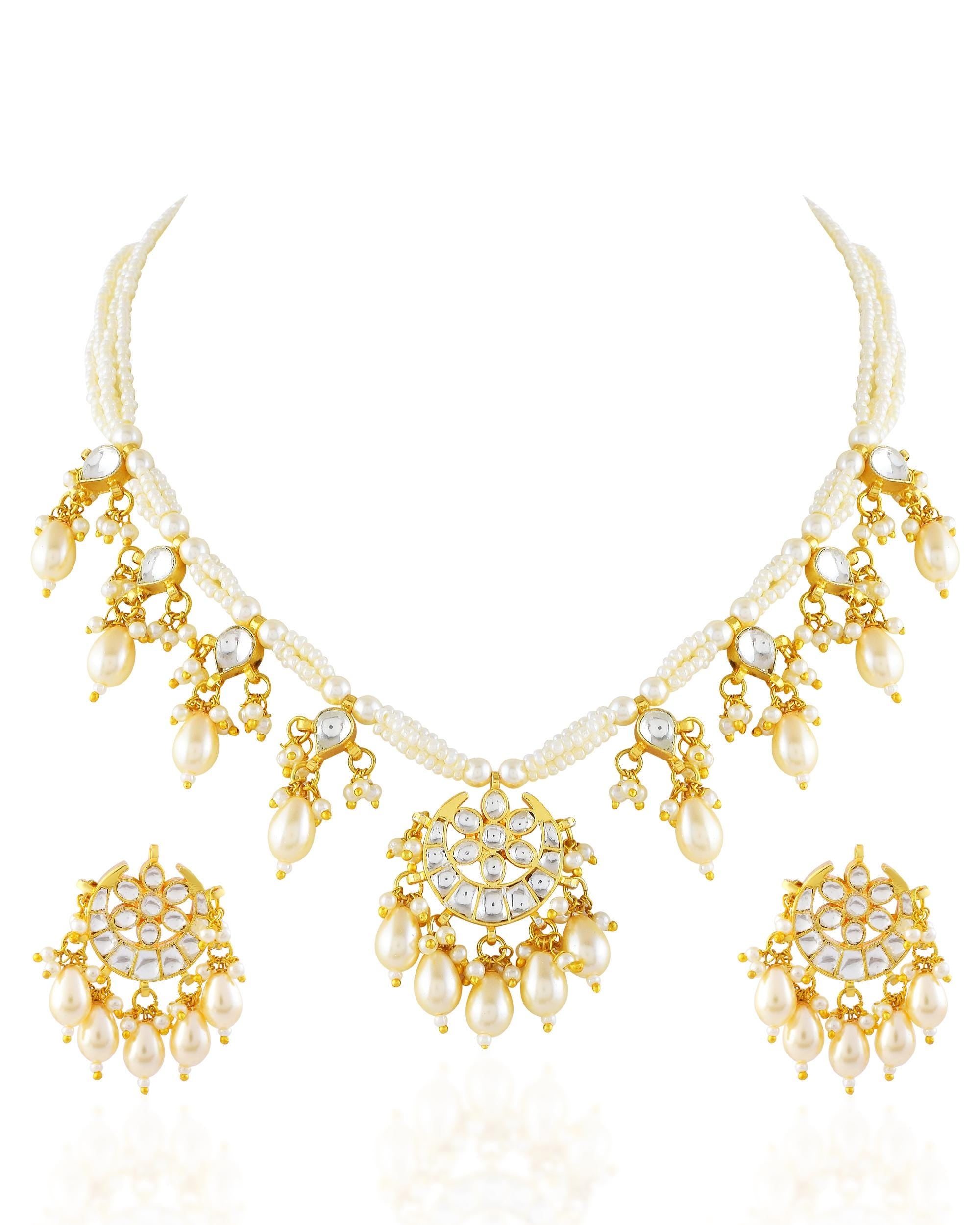 Pearl Kundan Choker Set | Crescent Bridal Necklace with Earrings | Traditional Indian Wedding Jewelry