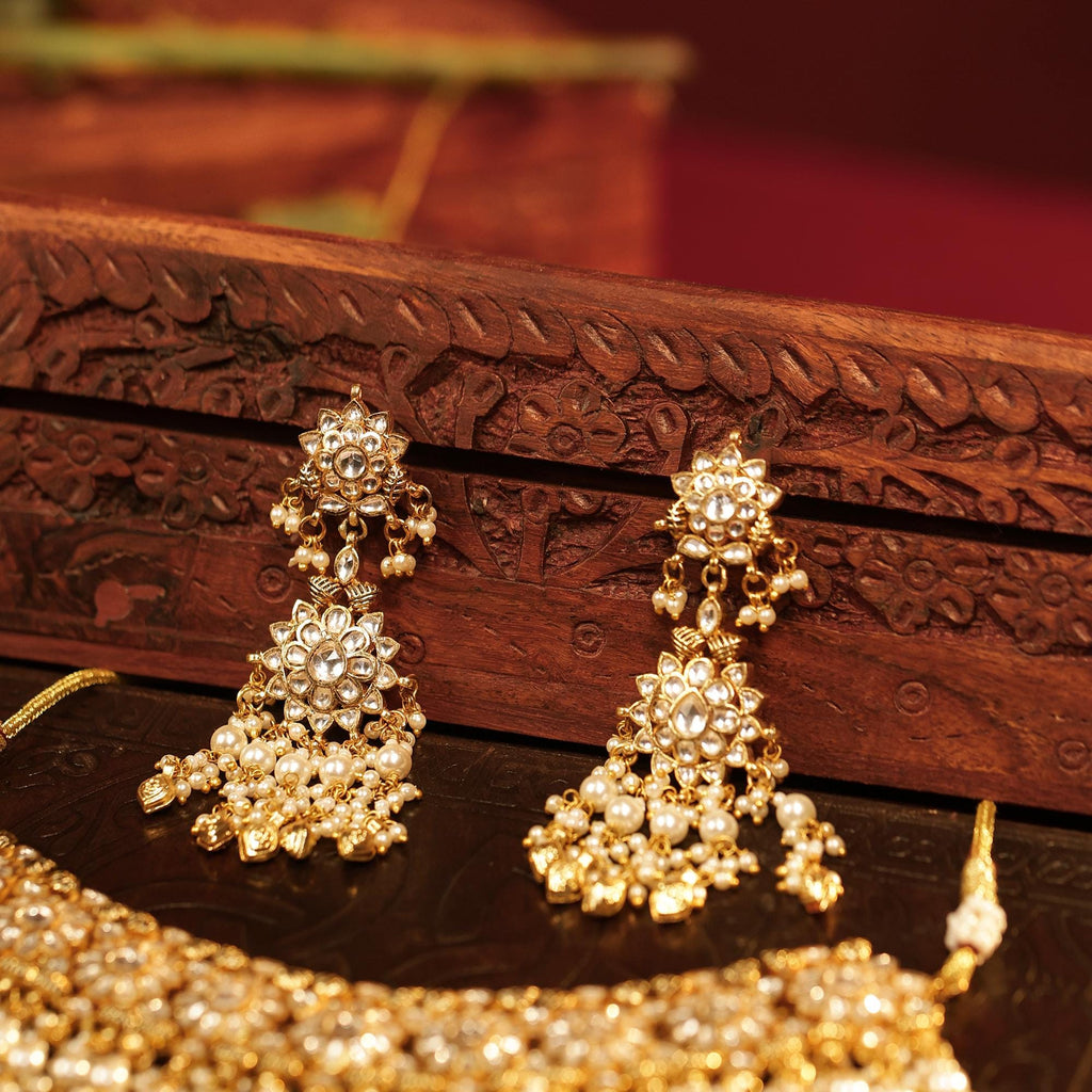 All-White Kundan Choker Set with Pearl Clusters, Gold Beads, Chandbali Earrings
