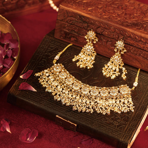All-White Kundan Choker Set with Pearl Clusters, Gold Beads, Chandbali Earrings