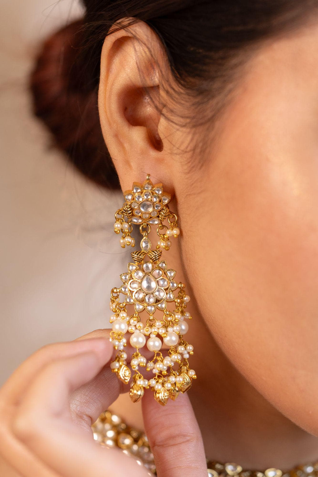All-White Kundan Choker Set with Pearl Clusters, Gold Beads, Chandbali Earrings