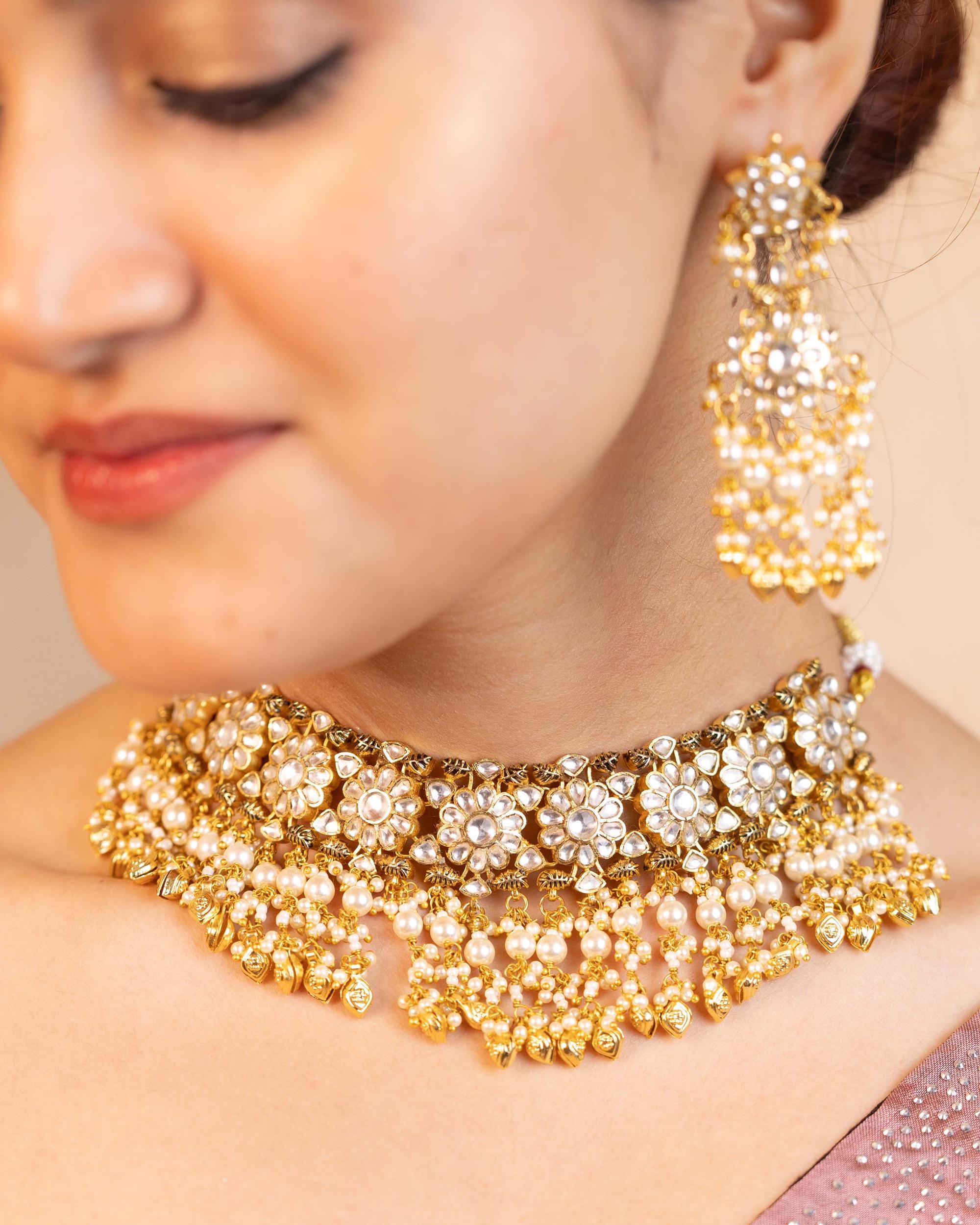 All-White Kundan Choker Set with Pearl Clusters, Gold Beads, Chandbali Earrings