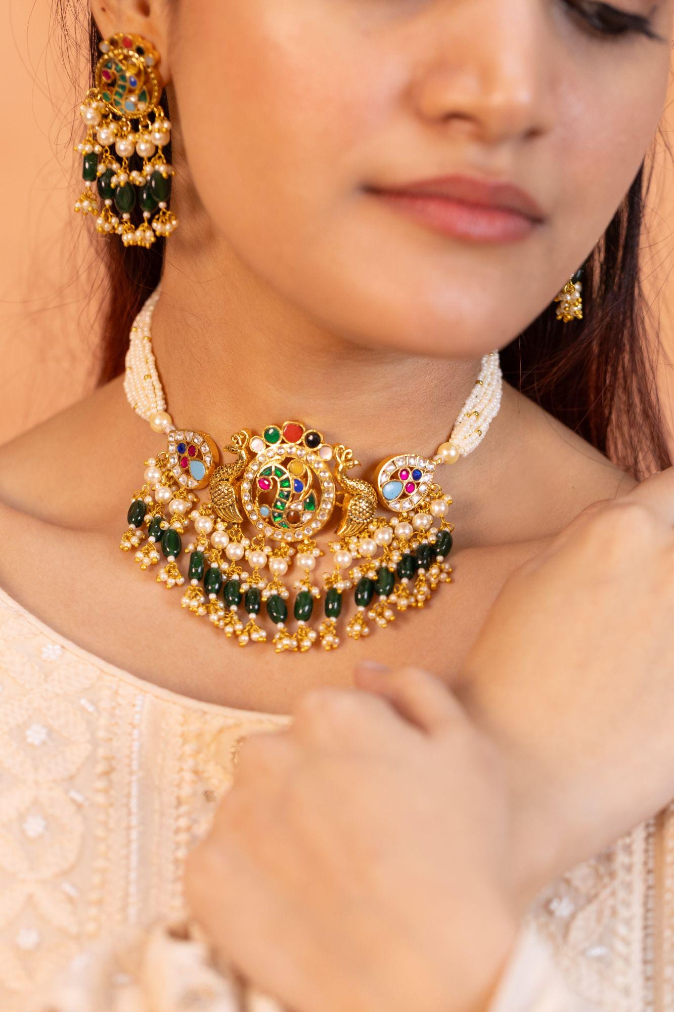 Handcrafted Peacock Kundan Choker Set with Emerald Beads & Pearl Mala  Traditional Indian Bridal Necklace