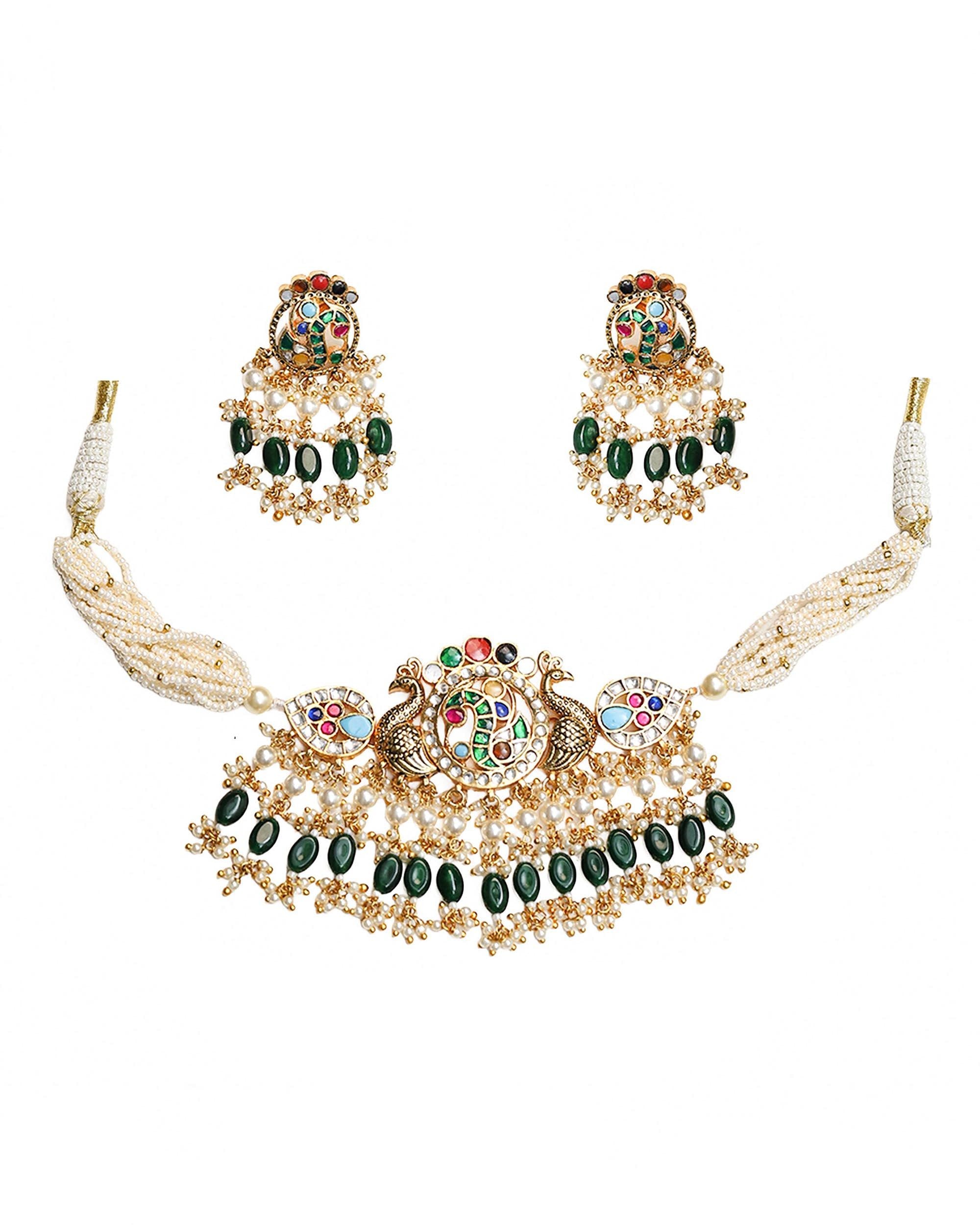 Handcrafted Peacock Kundan Choker Set with Emerald Beads & Pearl Mala  Traditional Indian Bridal Necklace
