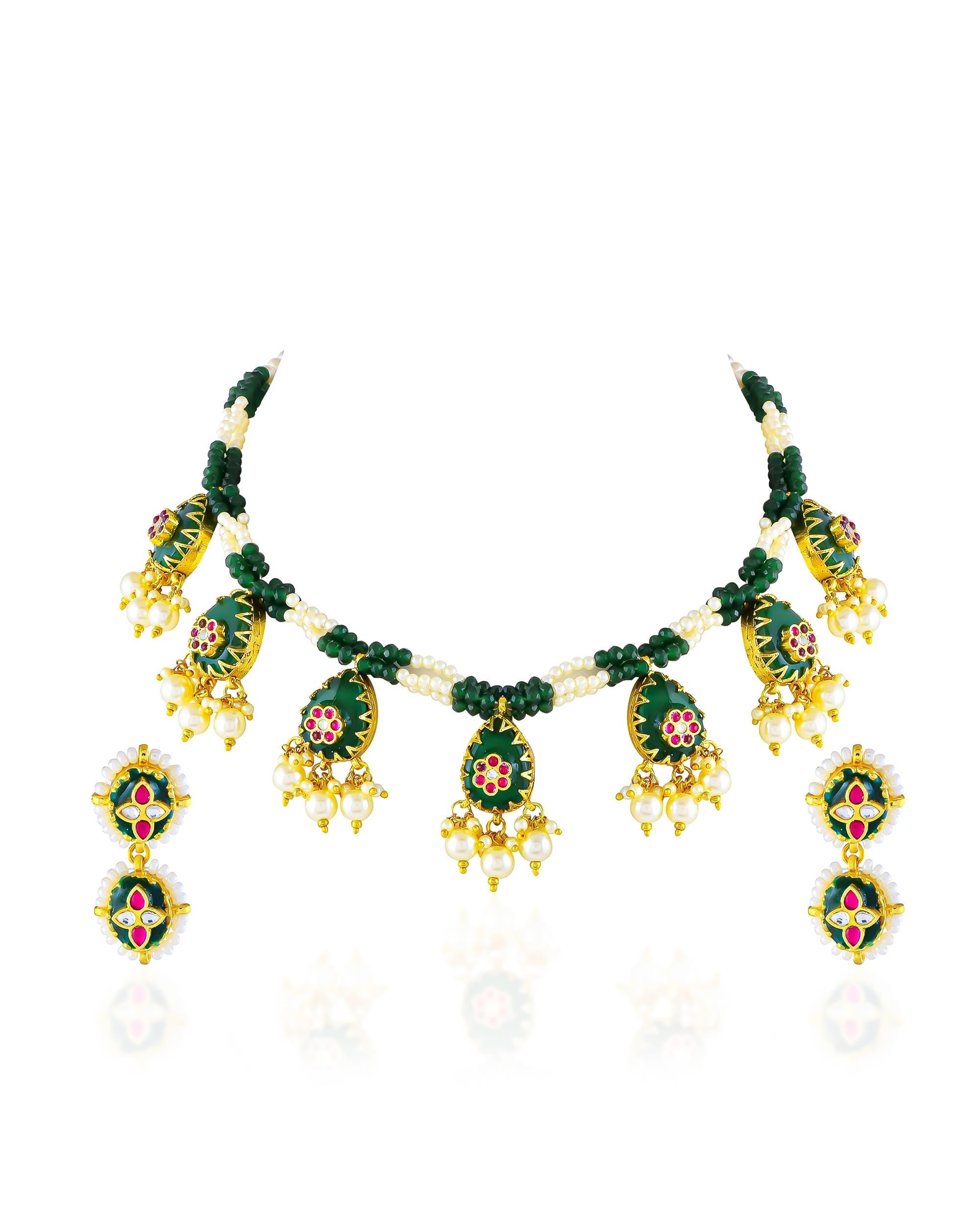 Green Meenakari Choker Necklace Set with Earrings, Indian Bridal Jewelry, Punjabi Kundan Choker, Pakistani Wedding Jewelry, Statement Set